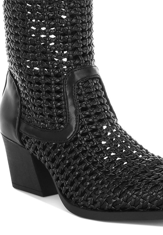 Artisole Women's Woven Pleather Block Heel Boots - Comfortable & Stylish Ankle Booties for Fall & Winter | Perfect for Office, Dating & Night Out