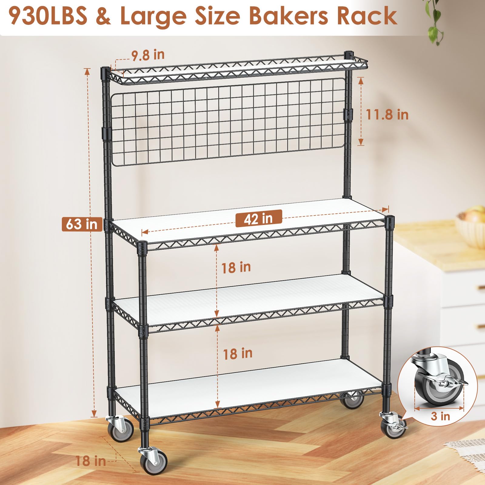 42 Inch Heavy Duty Bakers Rack with Storage & Wheels - 4-Tier Metal Kitchen Shelves, Microwave Stand & Utility Cart with 20 S-Hooks (42×18×63 Inch, Black) - Perfect for Commercial Kitchens, Bakeries, Restaurants & Home Cooking Spaces