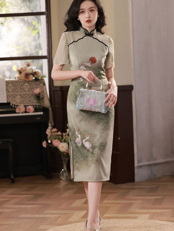 Elegant Green Summer Chinese Painting Print Cheongsam Qipao Dress - Vintage Floral Embroidery for Women's Party, Wedding, and Special Occasions