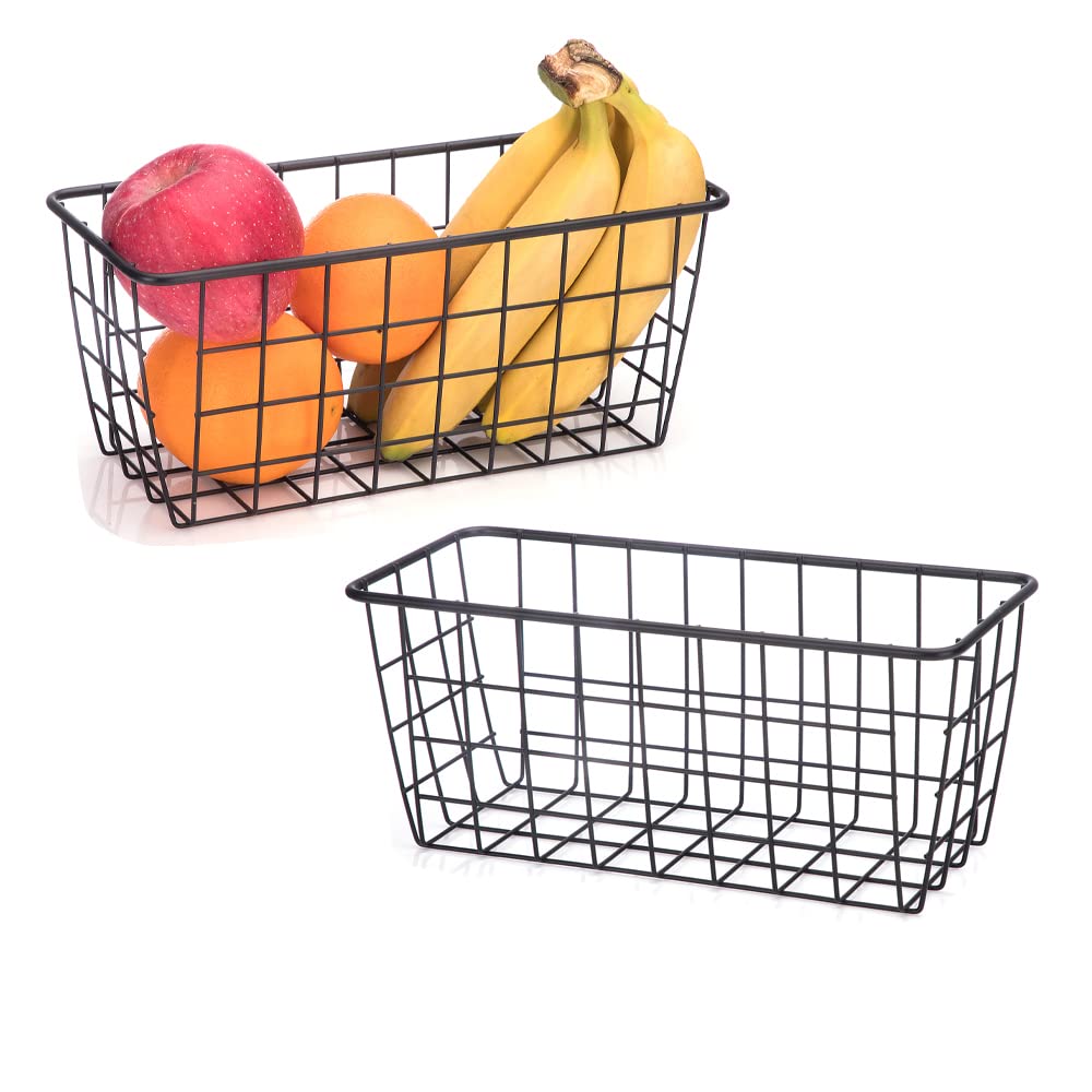 2-Pack Black Small Metal Wire Food Storage Basket Organizer with Wooden Handles - Kitchen Cabinet Organization for Fruits, Vegetables & Pantry Items - Perfect for Home, Restaurant & Office Use