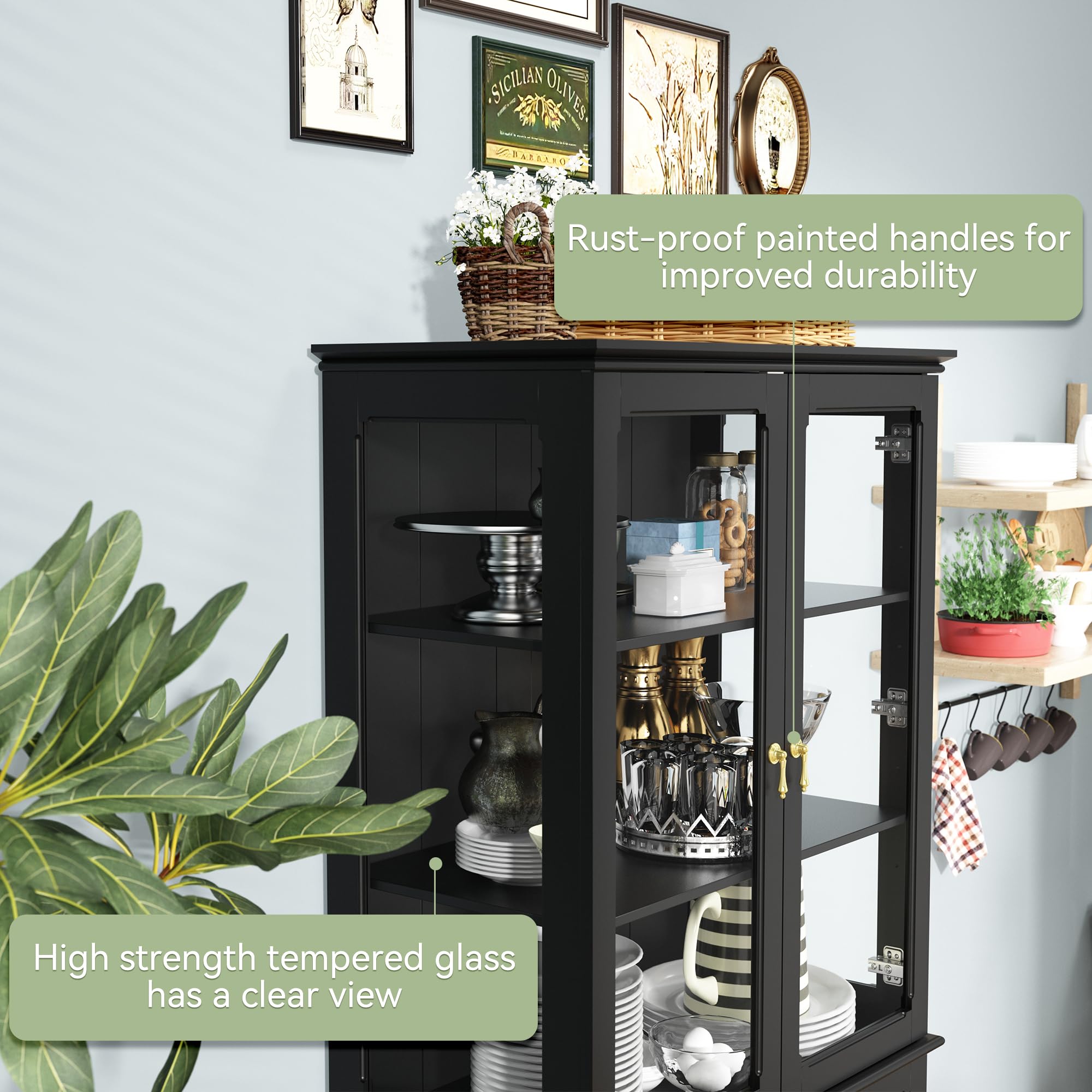 ARTPOWER 72 Inch Freestanding Kitchen Pantry Cabinet - Classic Tall Storage Sideboard with Glass Doors & Adjustable Shelves for Kitchen, Living Room, Dining Room - Black | Perfect for Small Space Organization, Home Decor & Extra Storage Solutions