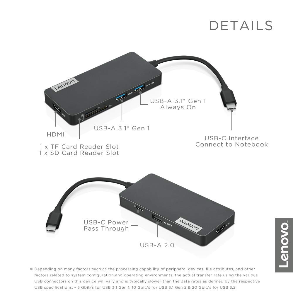 Lenovo USB-C 7-in-1 Hub with 510 Wireless Keyboard & Mouse Combo - 2.4GHz Nano Receiver, Full-Size Ergonomic Keyboard, 1200DPI Optical Mouse - Black (GX30N81775) - Perfect for Home Office, Gaming & Productivity