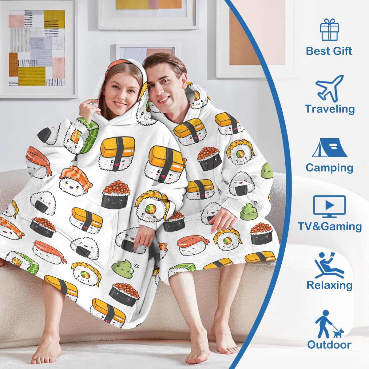 Sleepwish Sushi Hoodie Blanket - Kawaii Cartoon Sushi Print Wearable Blanket for Adults & Teens | Cozy Loungewear for Anime Fans, Sleepovers & Netflix Nights