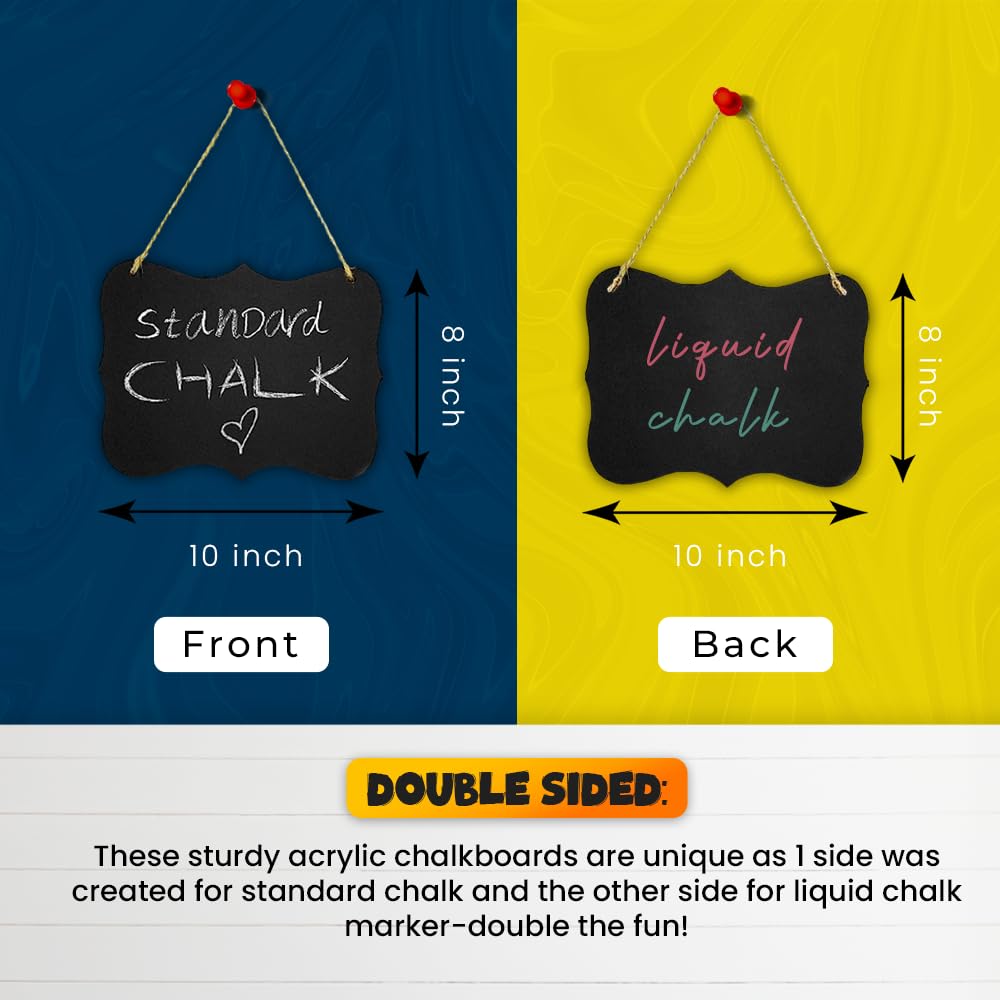 Double Sided Large Hanging Chalkboard Sign 8x10 - Acrylic Board for Standard Chalk & Liquid Chalk Markers - Erasable Wedding Decor, Kitchen Menu Board, Wall Art, Pantry Organization, Restaurant Signage