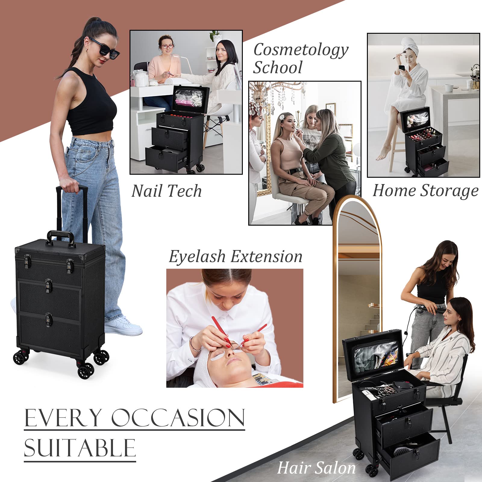 Professional 3-in-1 Rolling Makeup Case with Wheels - Large 2-Drawer Nail Technician Trolley & Travel Cosmetic Train Case with Makeup Pouch - Perfect for Salon Artists, Mobile Stylists & Beauty Professionals On-The-Go