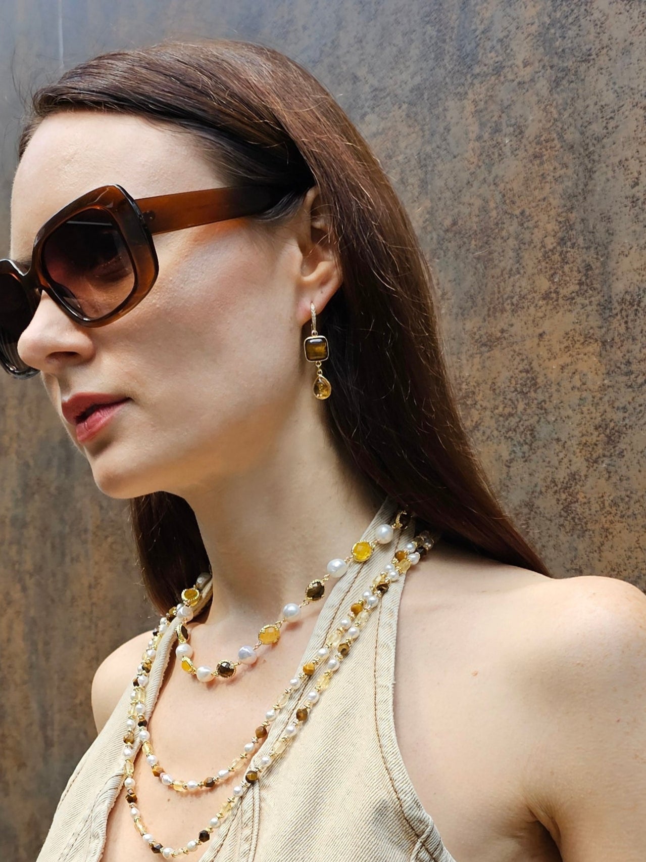 Tiger Eye and Citrine Dangle Comfort Earrings for Women - PE040 | Elegant Boho Jewelry for Everyday Wear, Office & Special Occasions