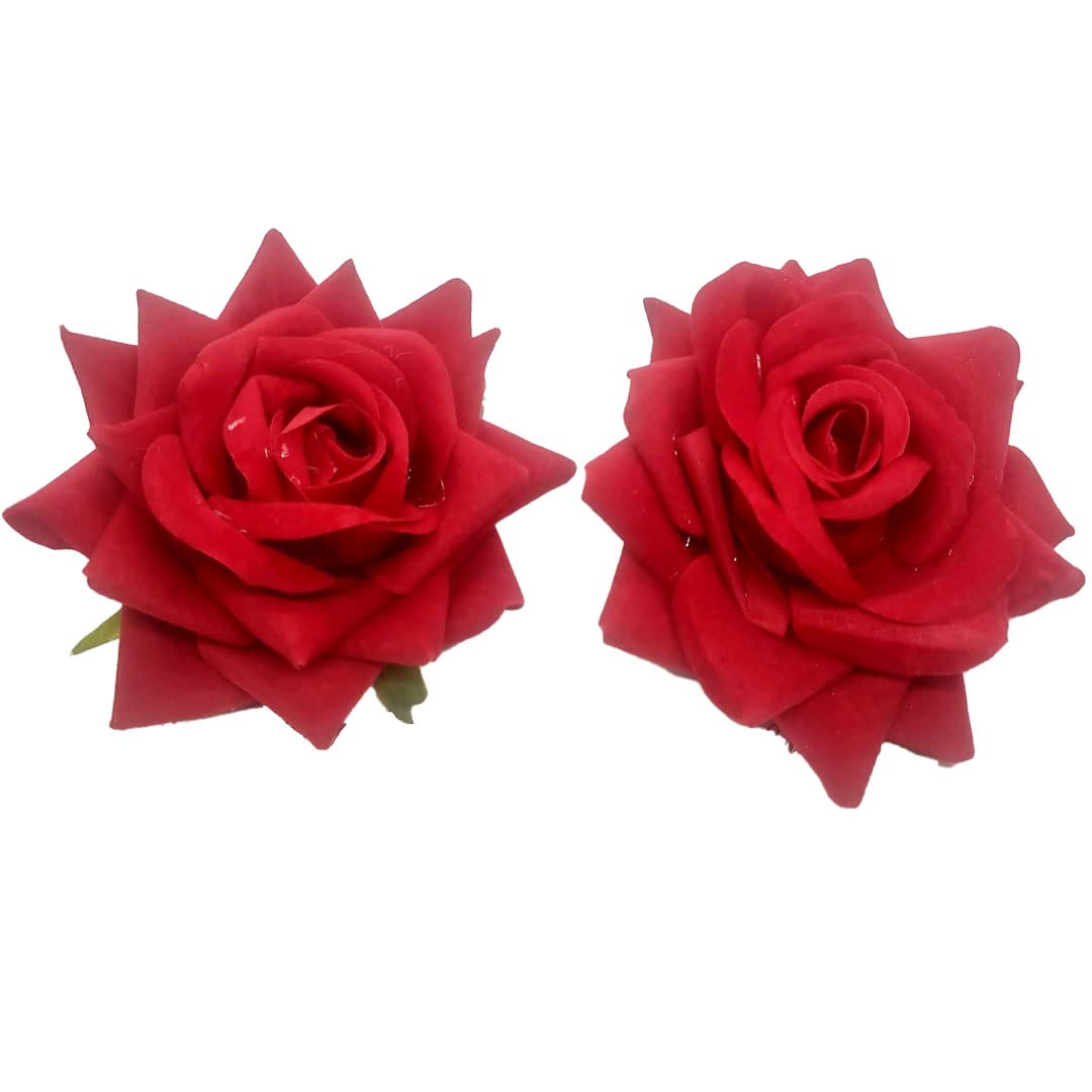 Women's Hair Clips Set of 2 - Rose Flower Hair Accessories with Bun Maker for Girls & Women | Perfect for Weddings, Parties & Daily Styling (Red)