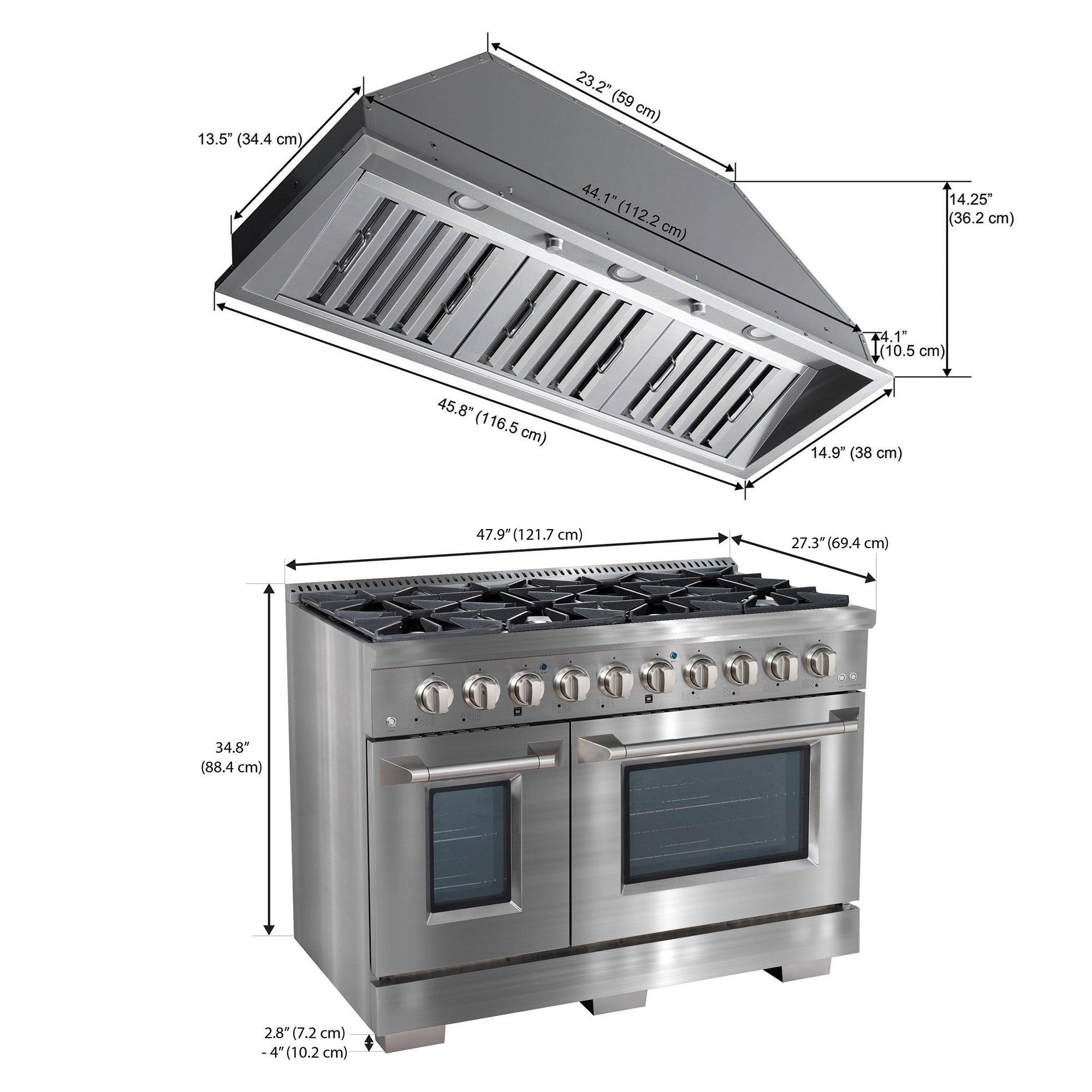 Ancona 48 Inch 2-Piece Gas Range with Convection Oven & 600 CFM Ducted Range Hood - Professional Kitchen Appliance Set for Home Chefs & Cooking Enthusiasts