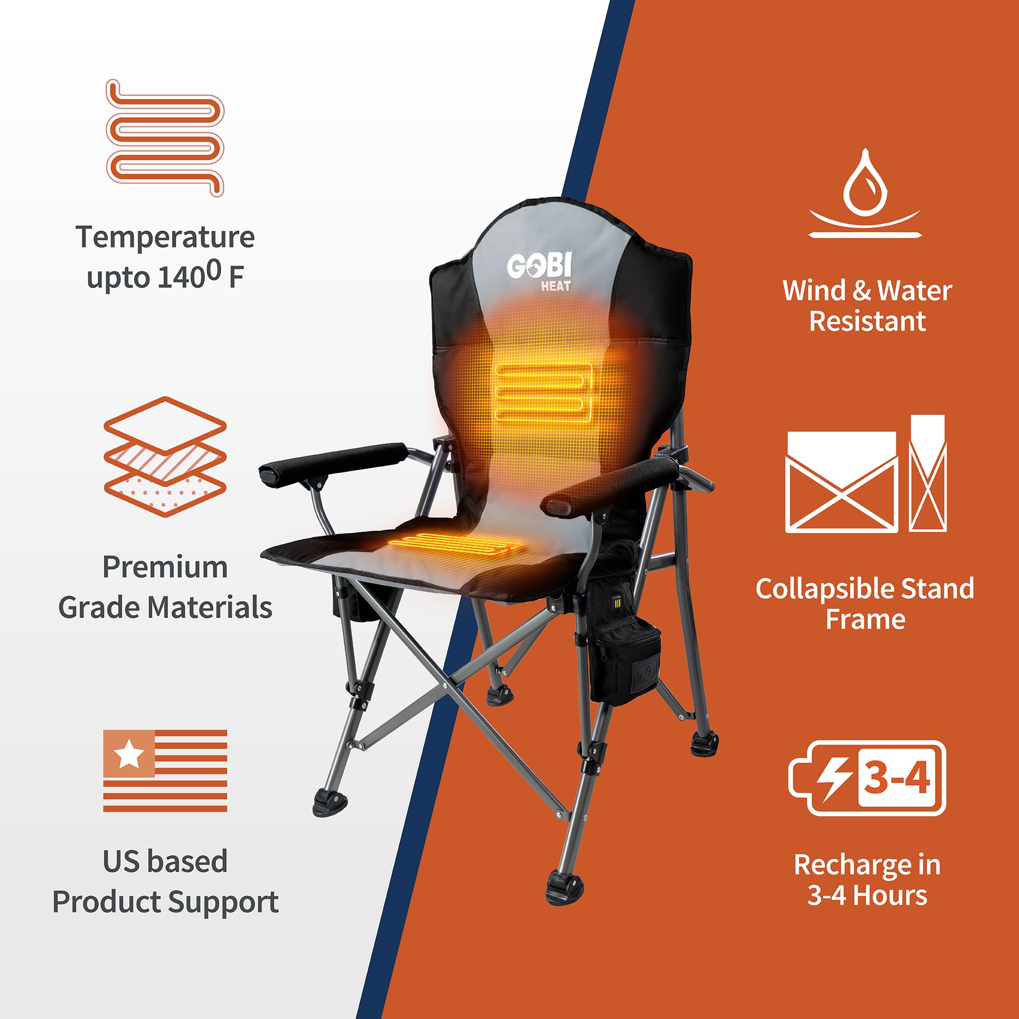 Gobi Heat - Portable Heated Camping Chair with 3 Adjustable Settings - Outdoor Folding Chair for Winter Camping, Hunting, and Backpacking - Essential Gear for Cold Weather Adventures (Slate)