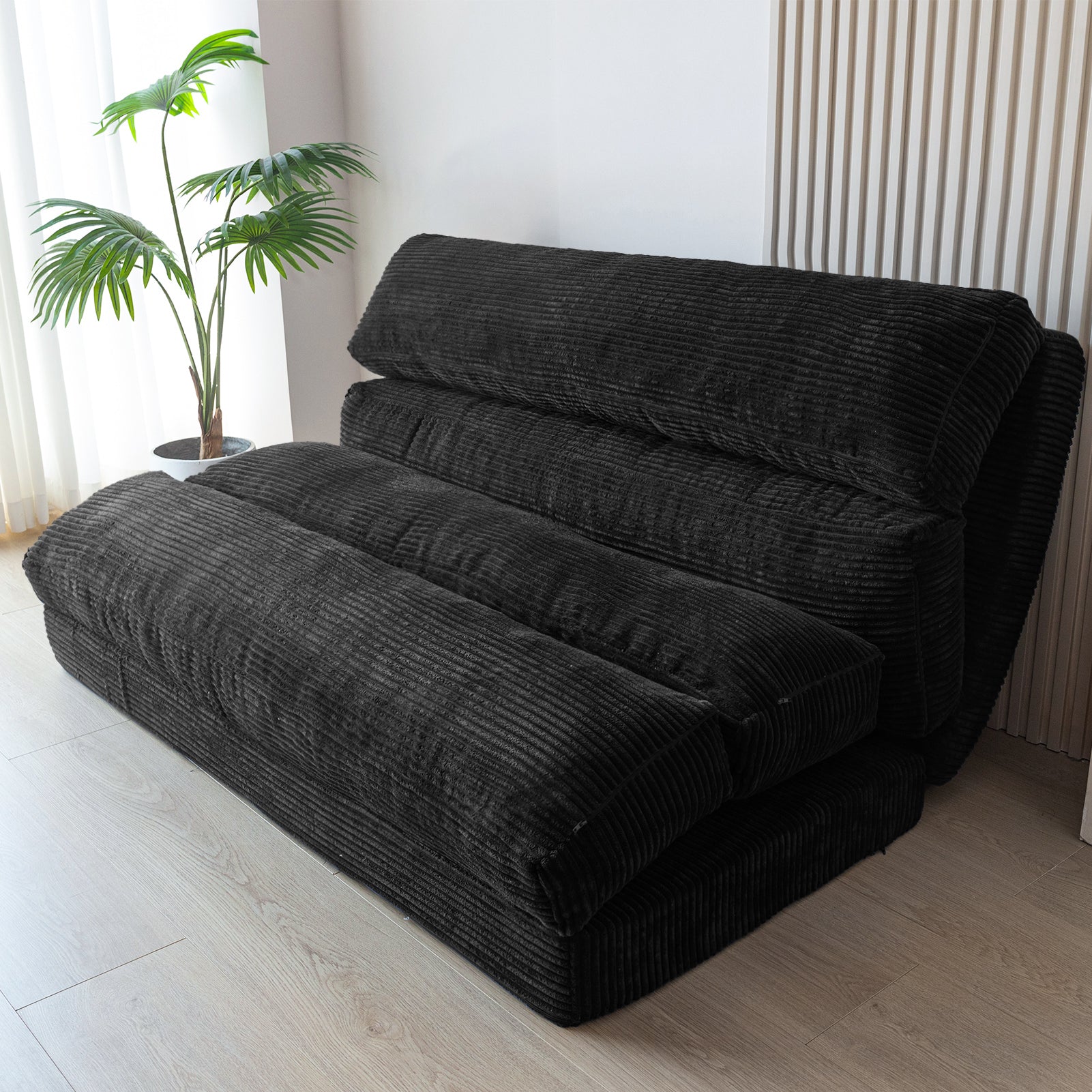 MAXYOYO Extra Wide Corduroy Bean Bag Folding Sofa Bed - Convertible Floor Mattress for Living Room, Bedroom & Guest Room (Black)