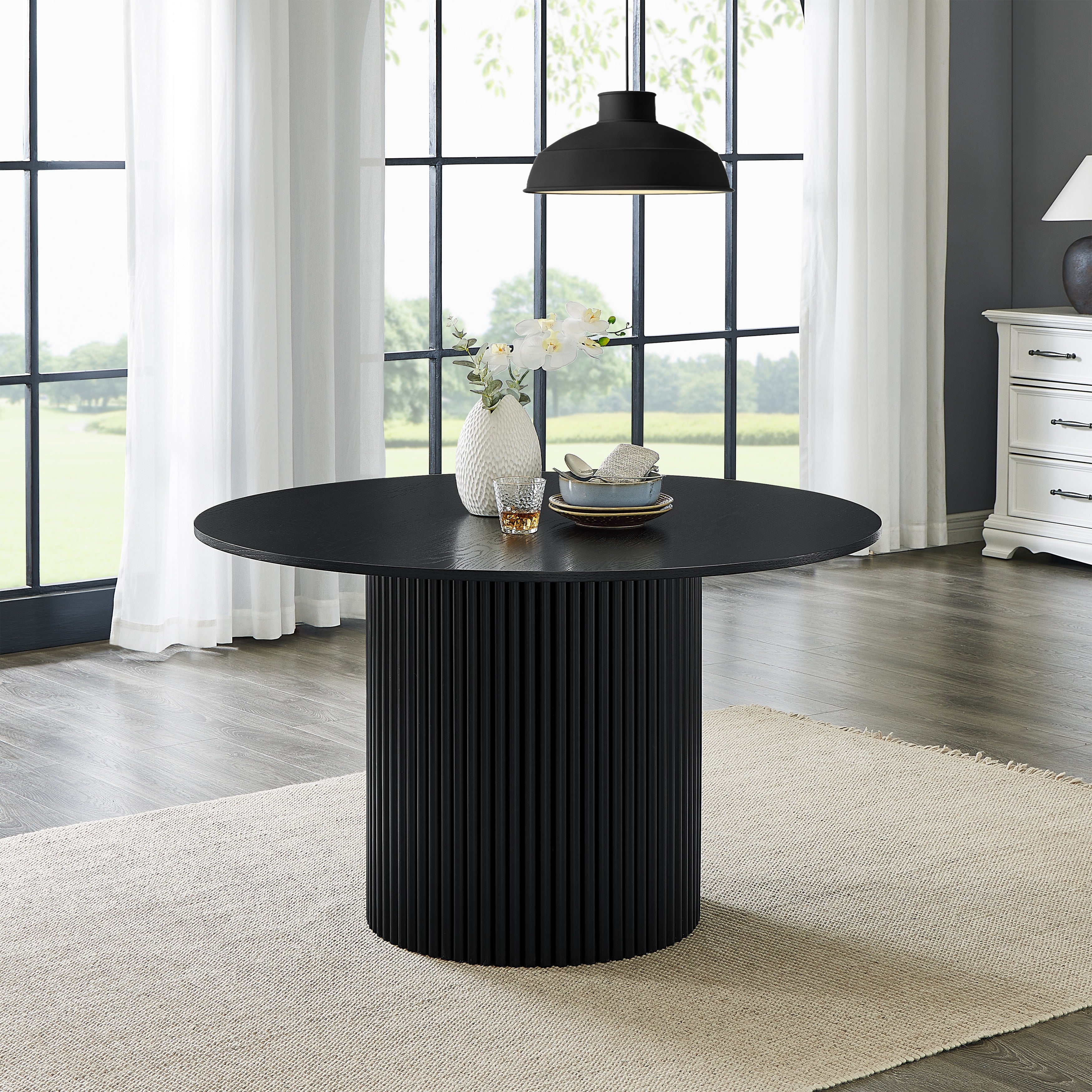 Roundhill Furniture Henriet 48-Inch Pedestal Base Round Dining Table in Black - Perfect for Small Space Dining Rooms, Breakfast Nooks & Kitchen Tables