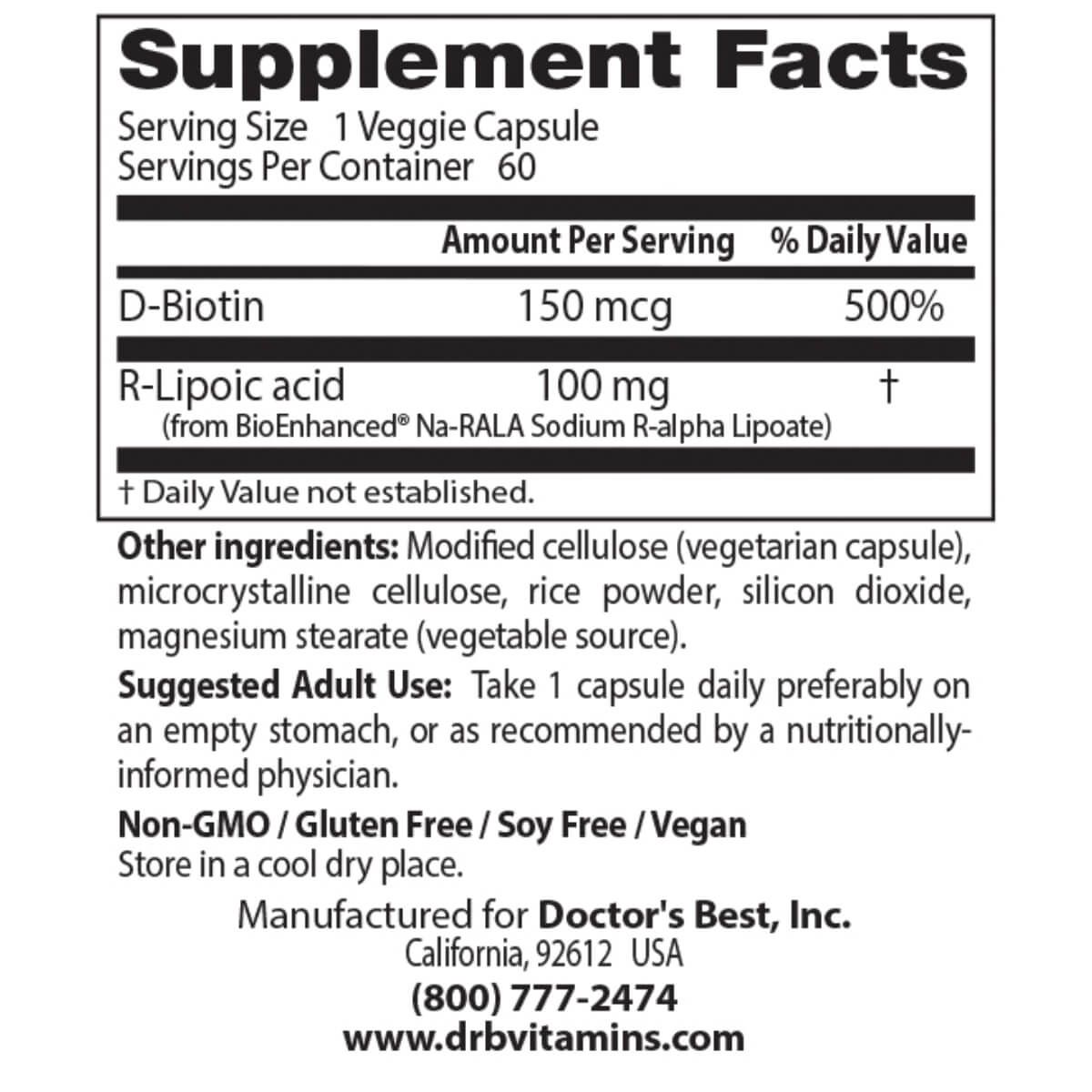 Doctor's Best Stabilized R-Lipoic Acid 100mg with BioEnhanced Na-RALA - 60 Vegan Capsules for Antioxidant Support & Blood Sugar Balance - Perfect for Daily Wellness & Anti-Aging Supplement Routine