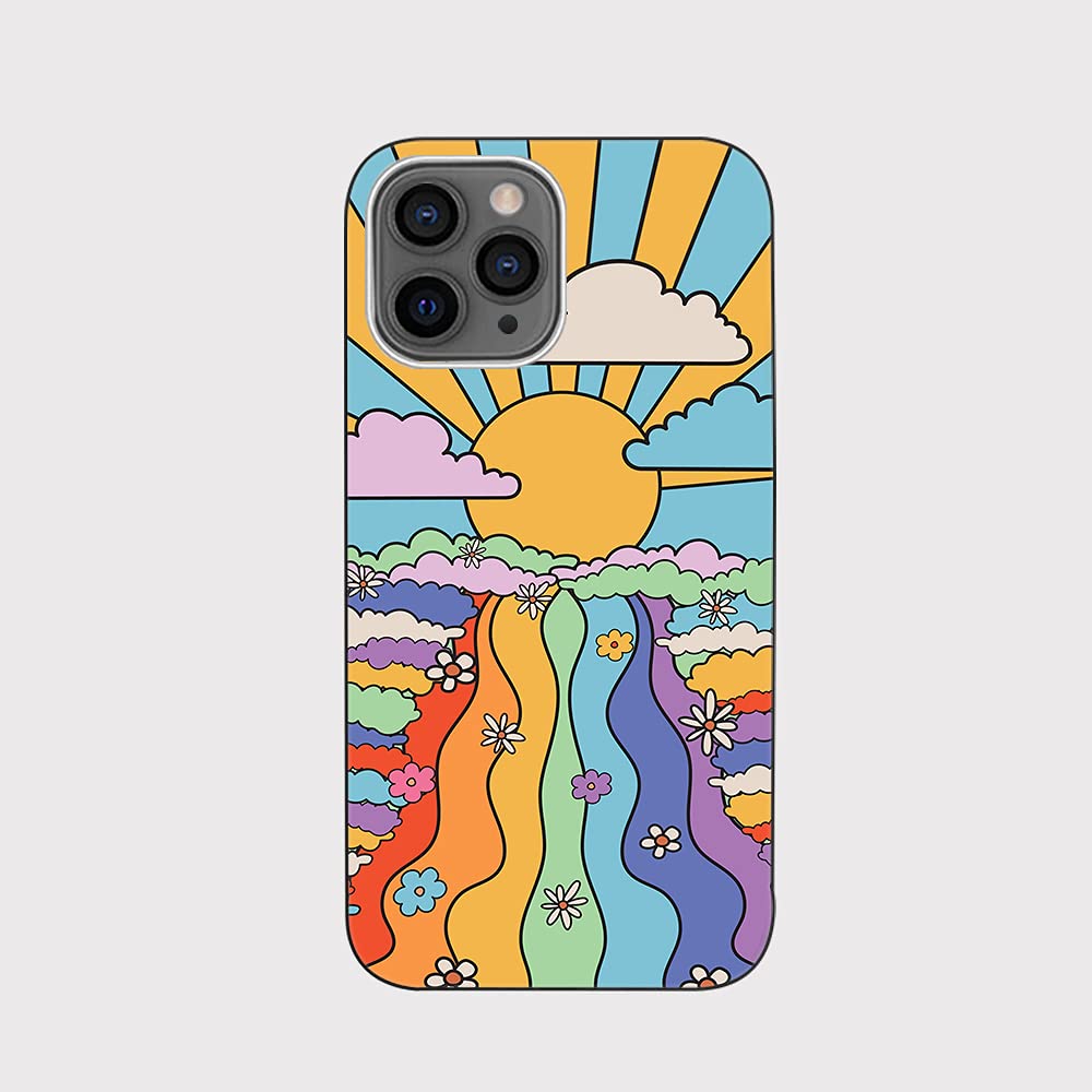 Blingy's iPhone 13 Pro Max Case (6.7 inch) - Retro Rainbow Psychedelic TPU Protective Cover with Scenic Landscape Design | Perfect for Music Festivals & Boho Lifestyle