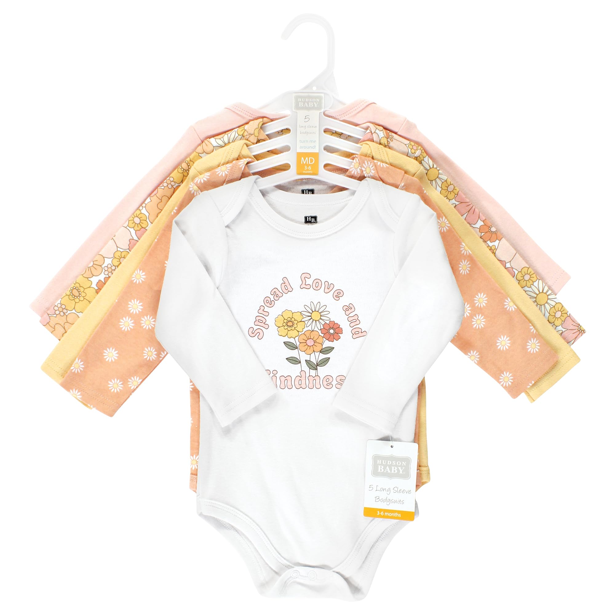 Soft Unisex Cotton Long-Sleeve Baby Bodysuits - Hudson Baby Peace Love Flowers Print | Newborn Essentials for Playtime, Daycare & Family Photos
