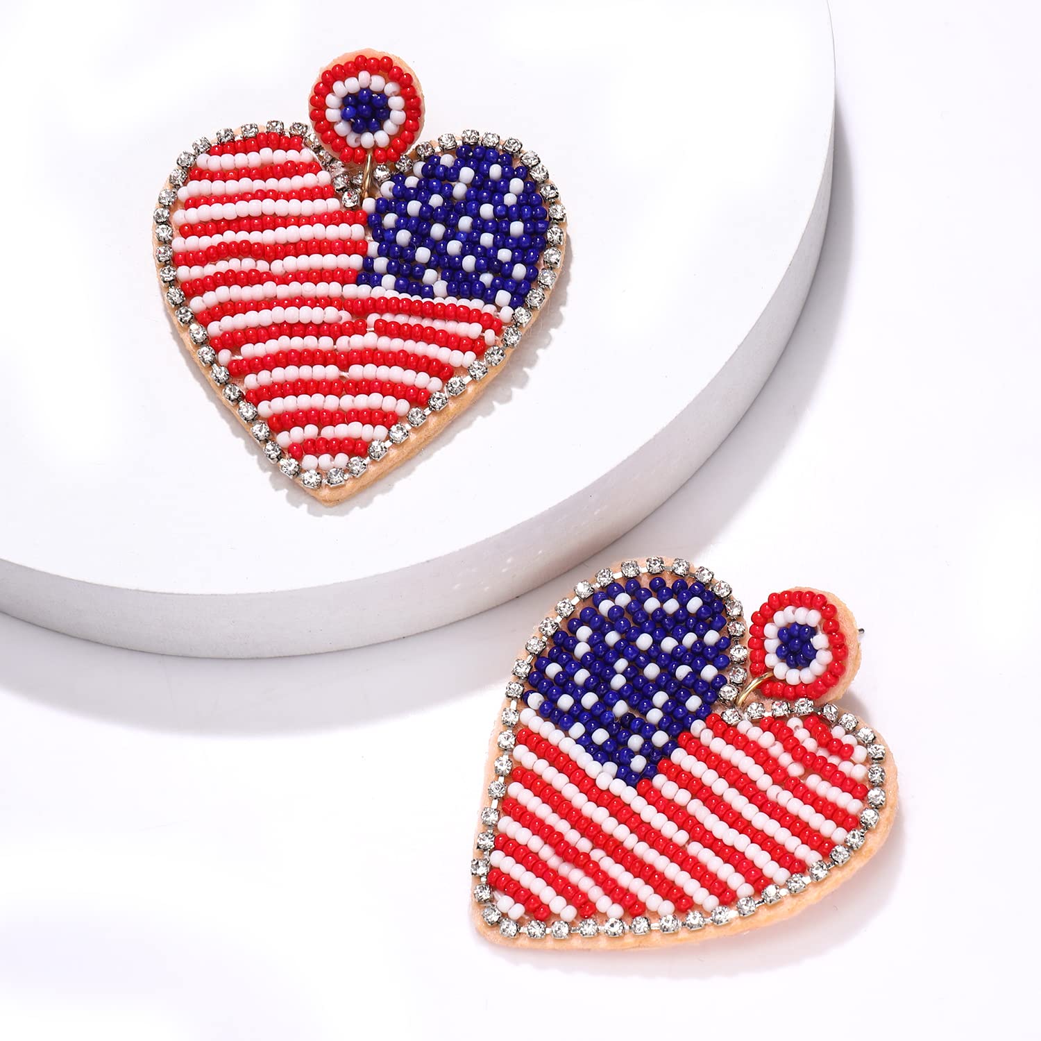 Patriotic Beaded Heart Star Flag Dangle Earrings for Women - Handmade American Flag Jewelry - Perfect for Independence Day, 4th of July, Memorial Day & Veterans Day Gifts - Great for Parties, Festivals & Patriotic Events