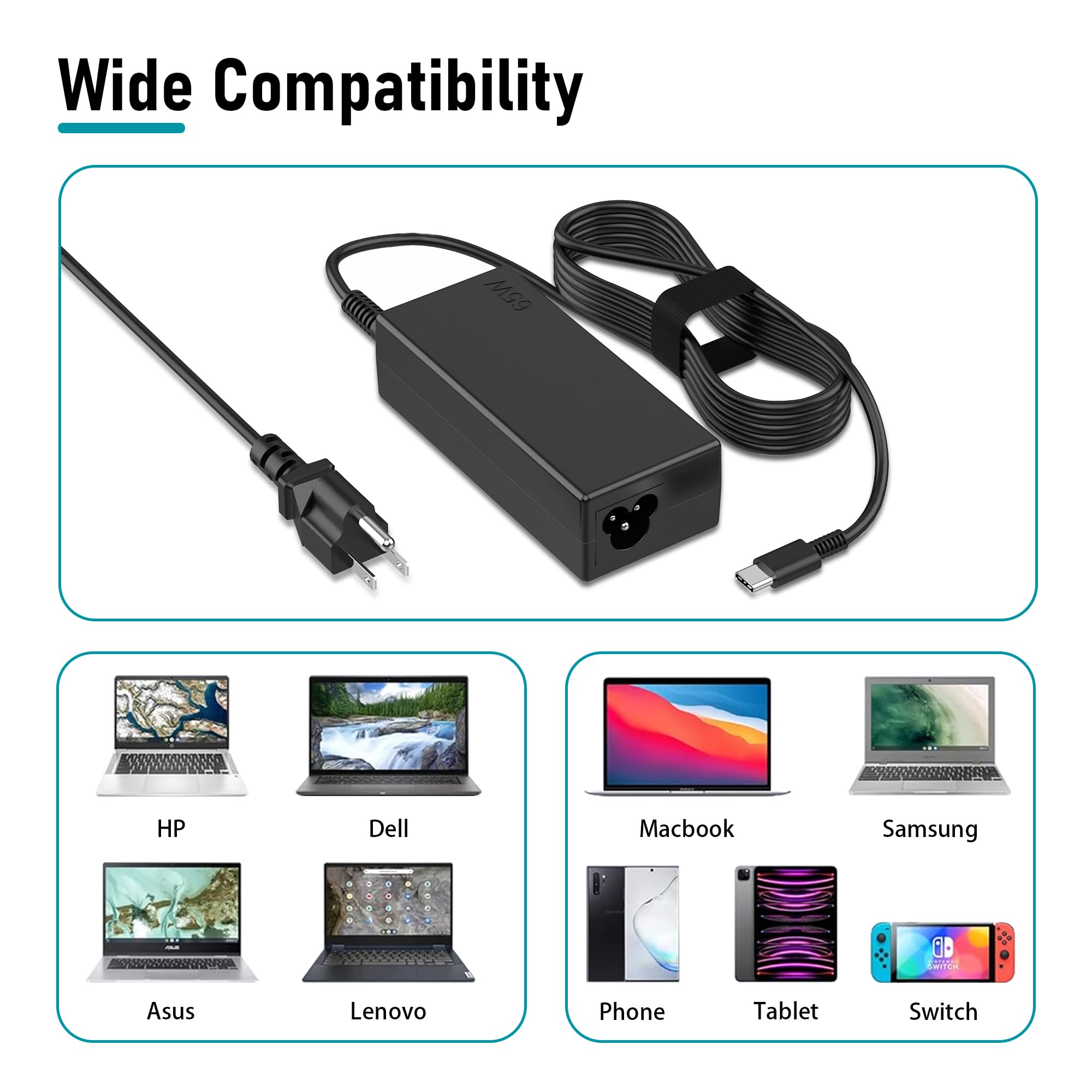 65W USB C Laptop Charger - Universal Type C Fast Charger Compatible with Lenovo, Dell, HP, Acer, Asus, Samsung & Google Chromebooks - Perfect for Home, Office & Travel Use