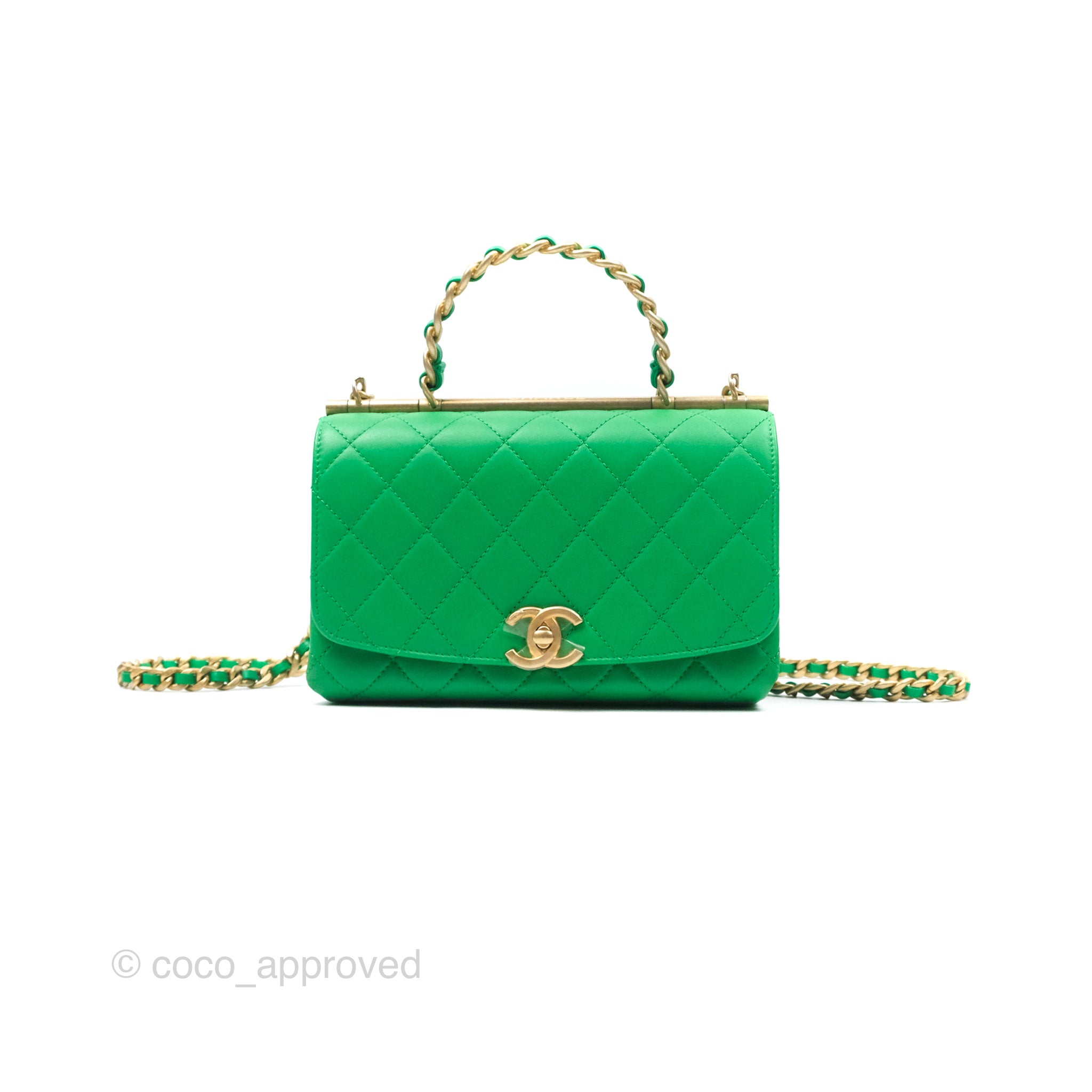 Chanel CC Quilted Flap Bag With Top Handle - Green Calfskin Leather Crossbody Bag with Gold Hardware | Luxury Designer Handbag for Women, Perfect for Date Night & Special Occasions