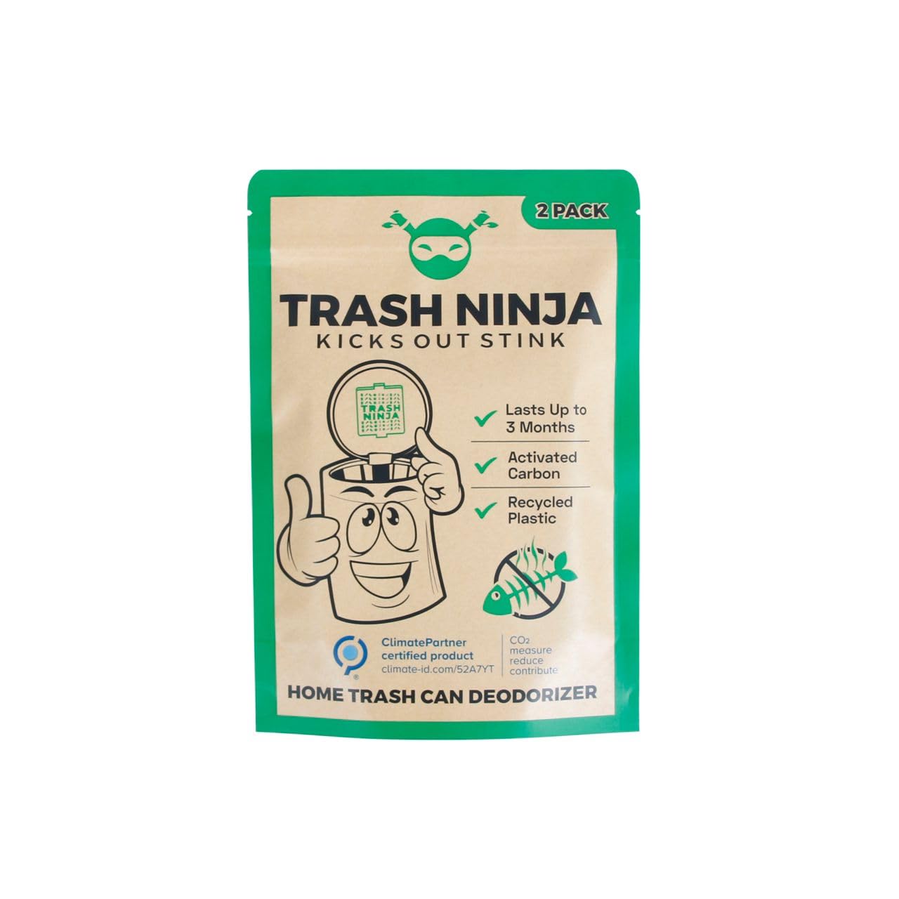 Trash Ninja Activated Carbon Odor Eliminator (2 Pack) – Natural Garbage Can Deodorizer for 10 Gallon Indoor Trash Bins – Lasts 3 Months – Eliminates Kitchen, Bathroom & Pet Waste Odors