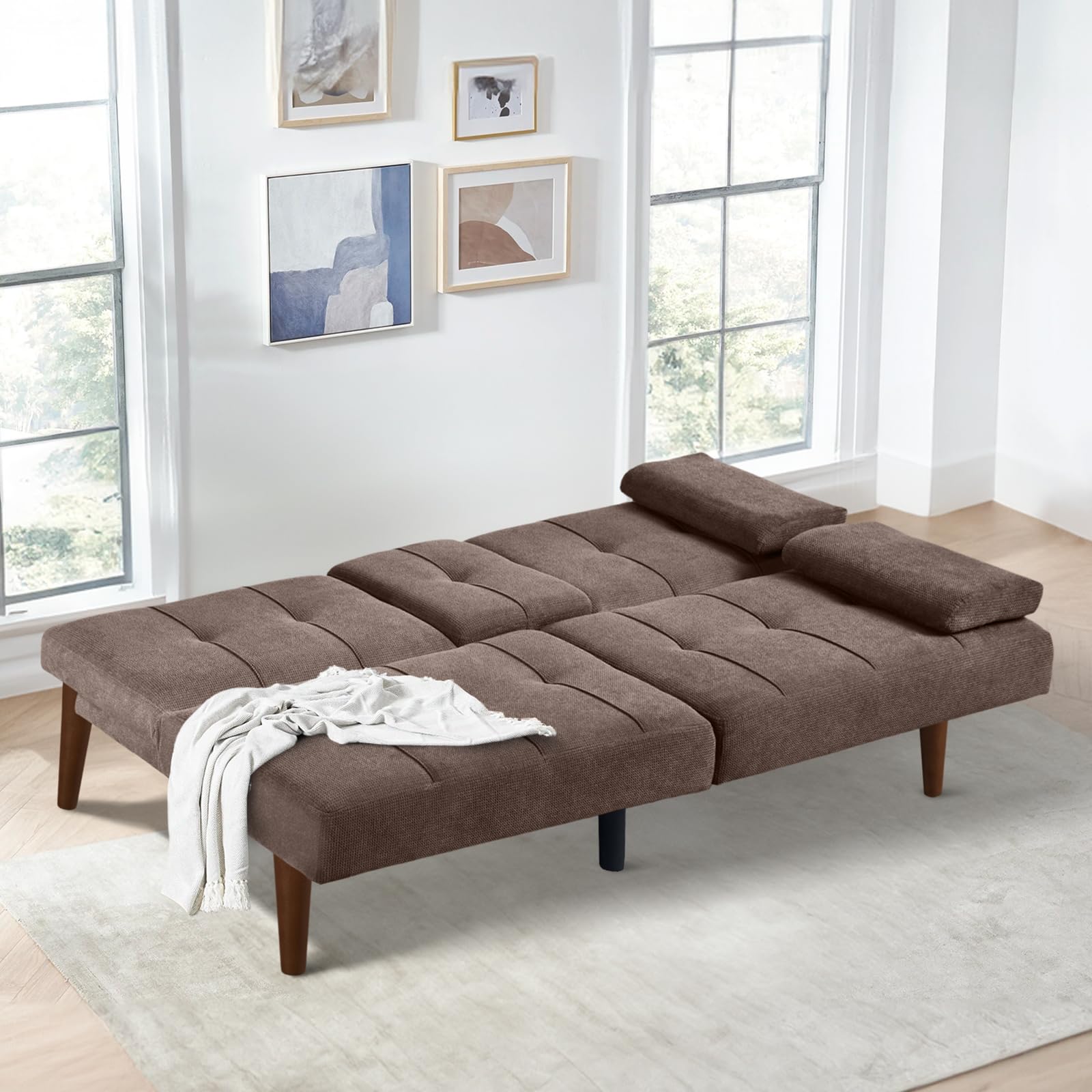 COLAMY Convertible Futon Sofa Bed - Small Fabric Couch with 2 Cup Holders & Adjustable Backrest, Removable Soft Armrests for Dorm, Bedroom, Apartment - Perfect for Small Spaces, Guest Sleeping & Lounge Relaxation (Brown)