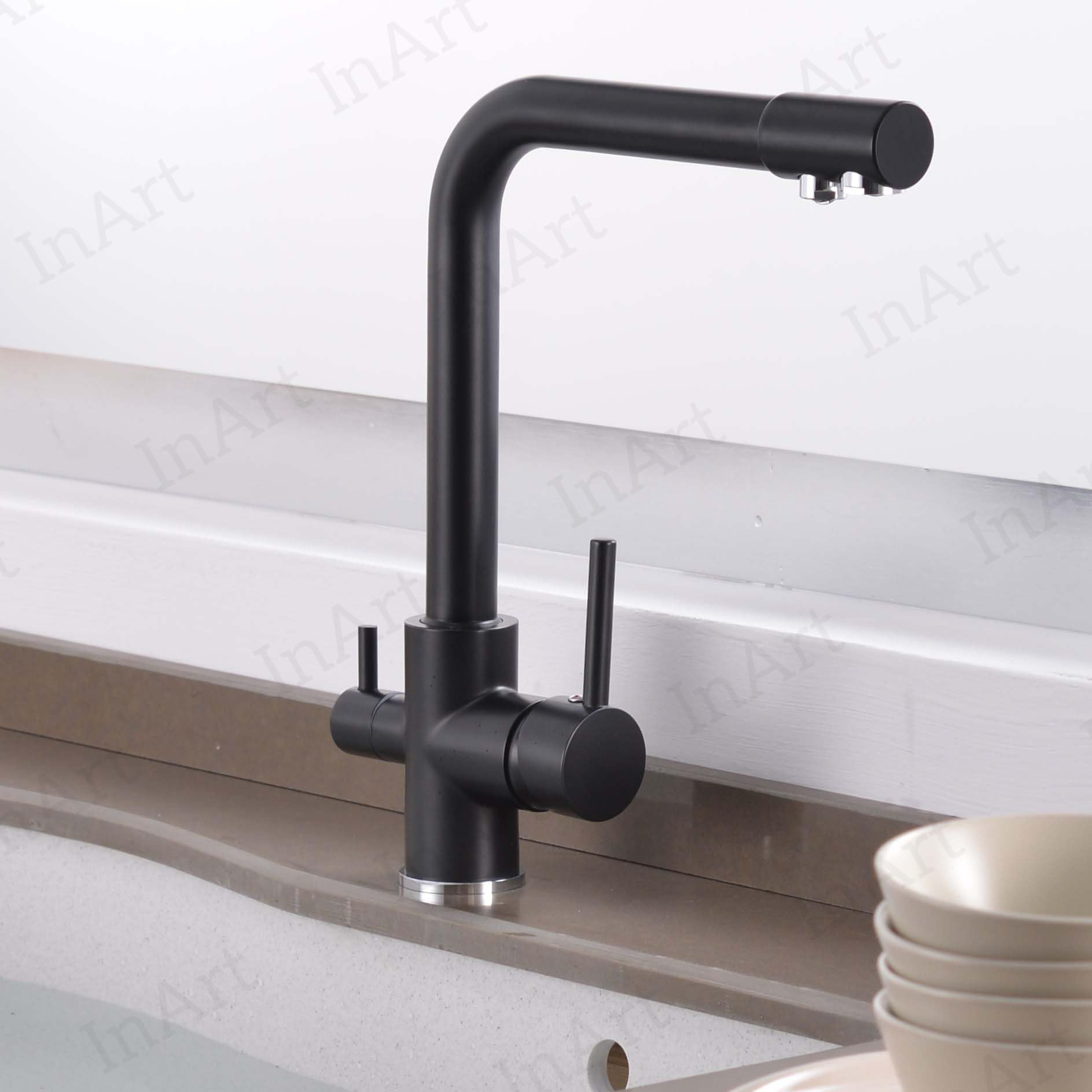 InArt 360° Swivel Kitchen Sink Faucet - Brass Deck Mounted Black with 3-Way Water Filter & Dual Lever Handle - Perfect for Modern Home Kitchen, Restaurant, and RV Use