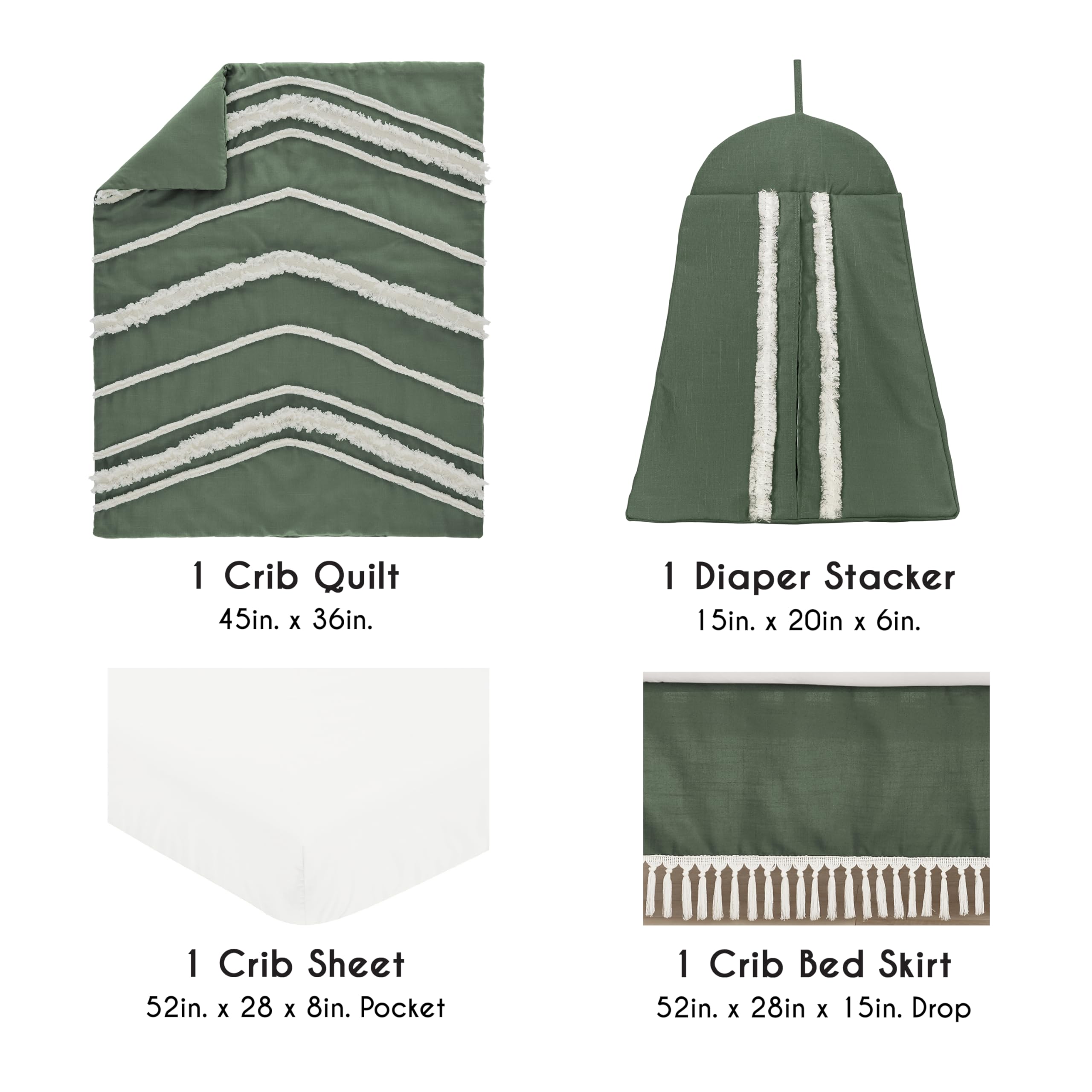 Sweet Jojo Designs 4-Piece Baby Crib Bedding Set - Boho Chic Cotton Nursery Set for Boys & Girls | Includes Blanket, Fitted Sheet, Skirt & Diaper Stacker | Sage Green Linen Chevron Neutral Farmhouse Style | Perfect for Newborn Nursery, Baby Shower Gift & Gender-Neutral Nursery Decor