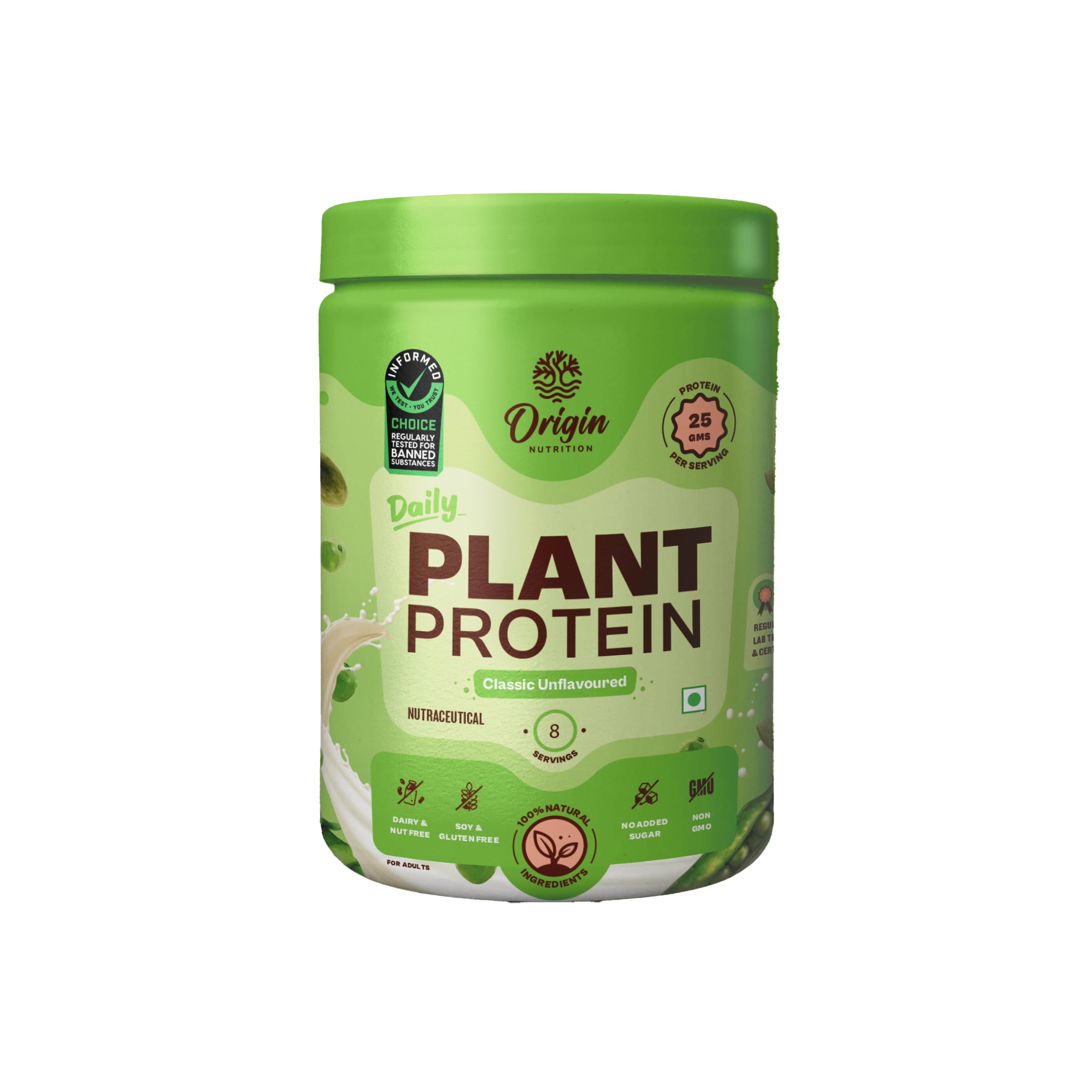 Origin Nutrition 100% Natural Unflavored Plant Protein Powder - 25g Plant-Based Protein per Serving, Gluten Free, Dairy Free, No Added Sugar, Soy Free, Non-GMO, Vegan & Jain Friendly (260g, 8 Servings) - Perfect for Smoothies, Baking & Post-Workout Recovery
