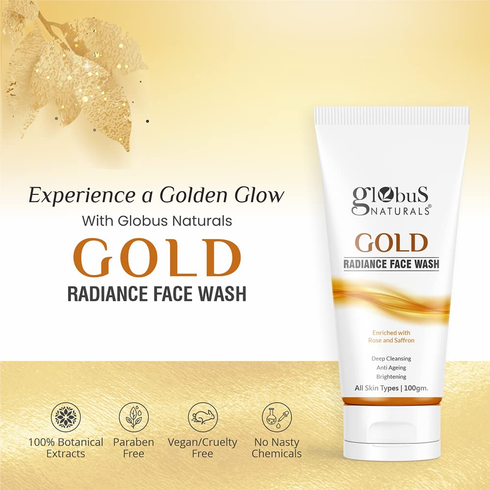 Globus Naturals Gold Radiance Anti-Aging & Brightening Face Wash with Saffron & Rose - 100ml for All Skin Types | Gentle Daily Cleanser for Youthful Glow & Even Skin Tone