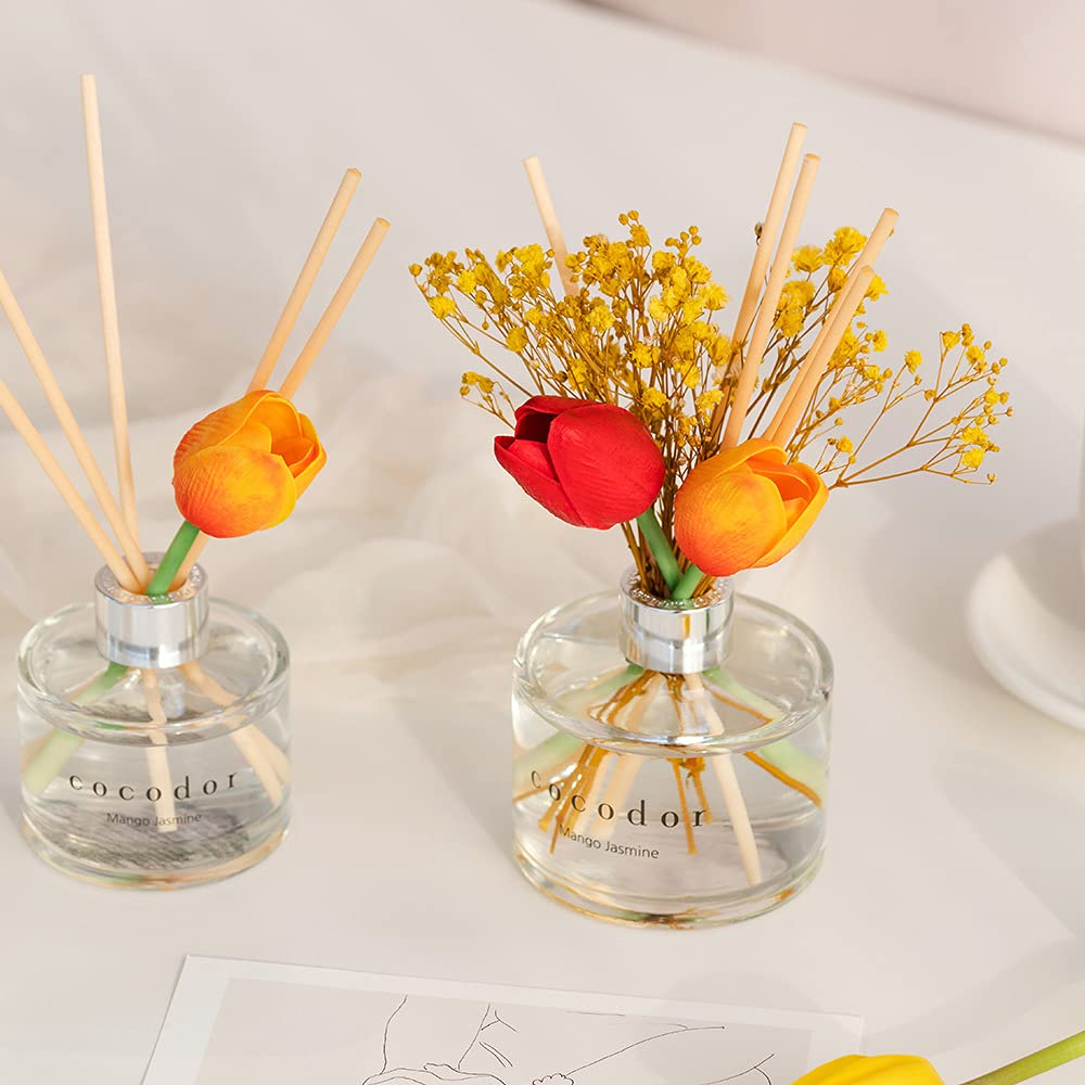 COCODOR Tulip Reed Diffuser 200ml - Floral Scented Home Fragrance Oil Diffuser with Natural Rattan Reeds, Long-Lasting Aromatherapy for Living Room, Bedroom, Bathroom & Office - Perfect Gift for Women
