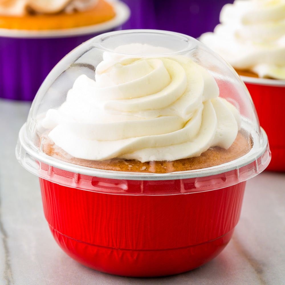5 oz Round Red Aluminum Baking Cups with Plastic Dome Lids - 3.25