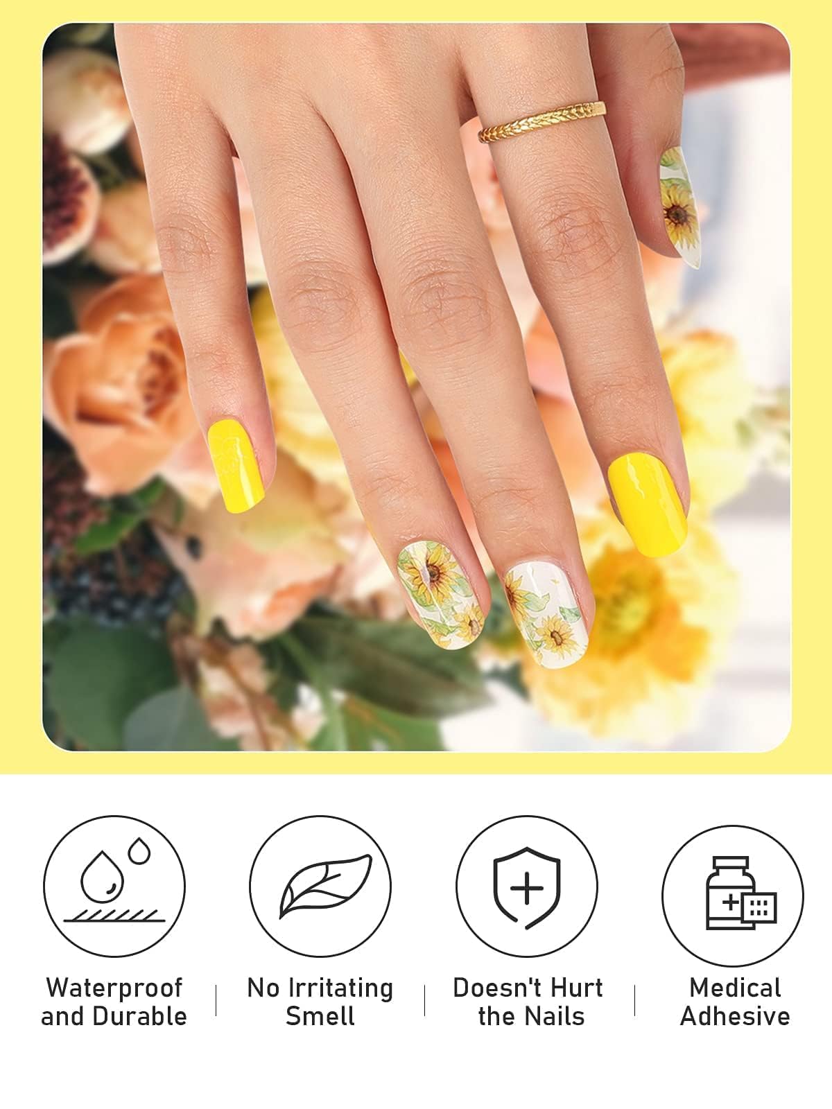 Kalolary Sunflower Gel Nail Polish Strips - Daisy Nail Art Stickers Kit for Summer Manicure | Includes Cuticle Pusher & Nail File | Perfect for Vacation, Beach Trips & Summer Parties