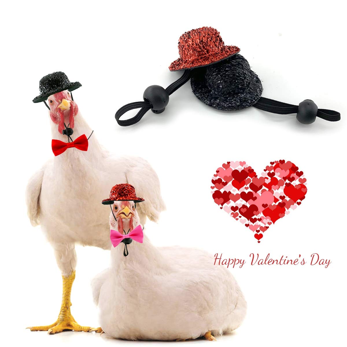 Vehomy Valentine's Day Chicken Costume Set - Adjustable Top Hat & Bowtie for Hens, Roosters, Ducks & Parrots (4-Piece Pet Accessories) | Perfect for Valentine's Photos, Farm Animal Dress-Up & Bird Costume Parties