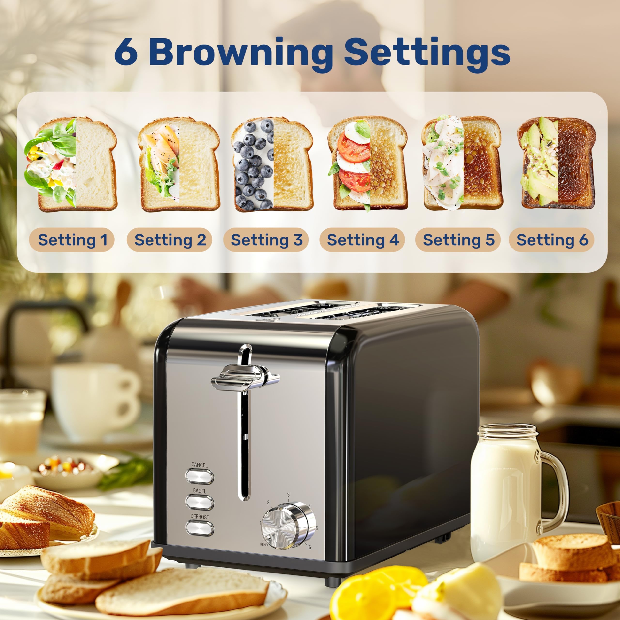 YSSOA 2-Slice Stainless Steel Toaster with 6 Browning Settings & 3 Functions - Extra Wide Slots for Bread, Bagels & Waffles - Removable Crumb Tray - Perfect for Breakfast, Office & Dorm Rooms - Black