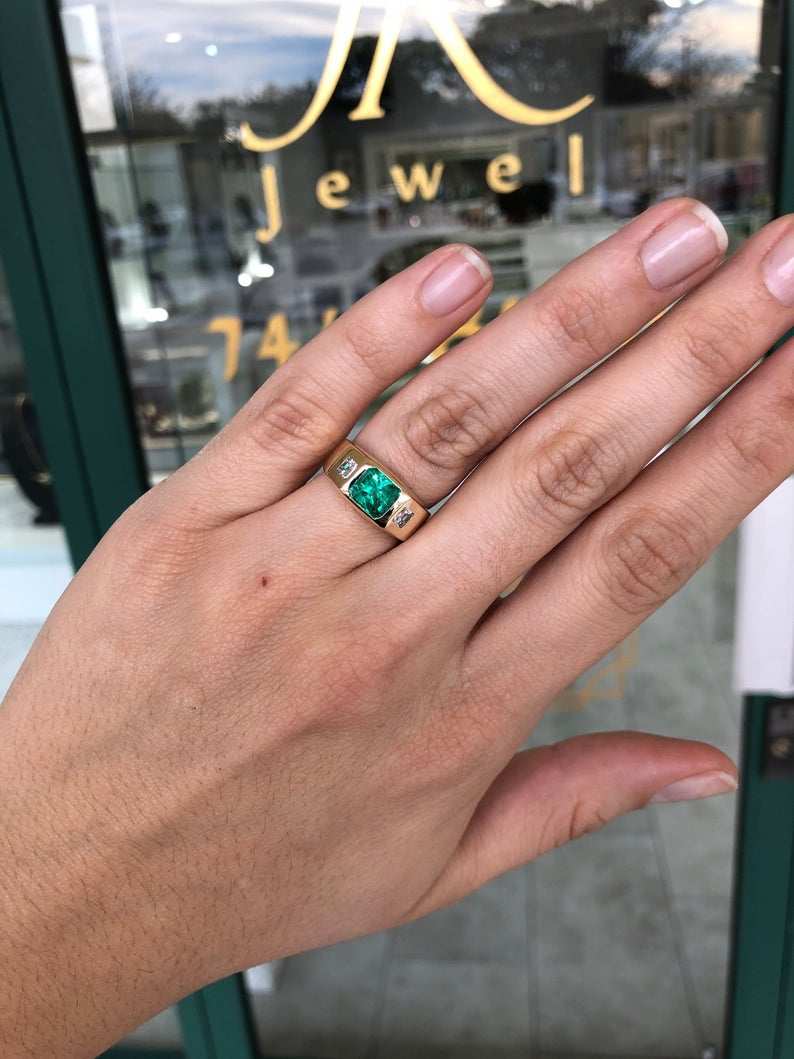 2.14tcw Three Stone Vivid Green Emerald & Asscher Diamond Signet Gypsy Ring for Women | Vintage Inspired Jewelry Gift for Anniversary, Engagement & Special Occasions