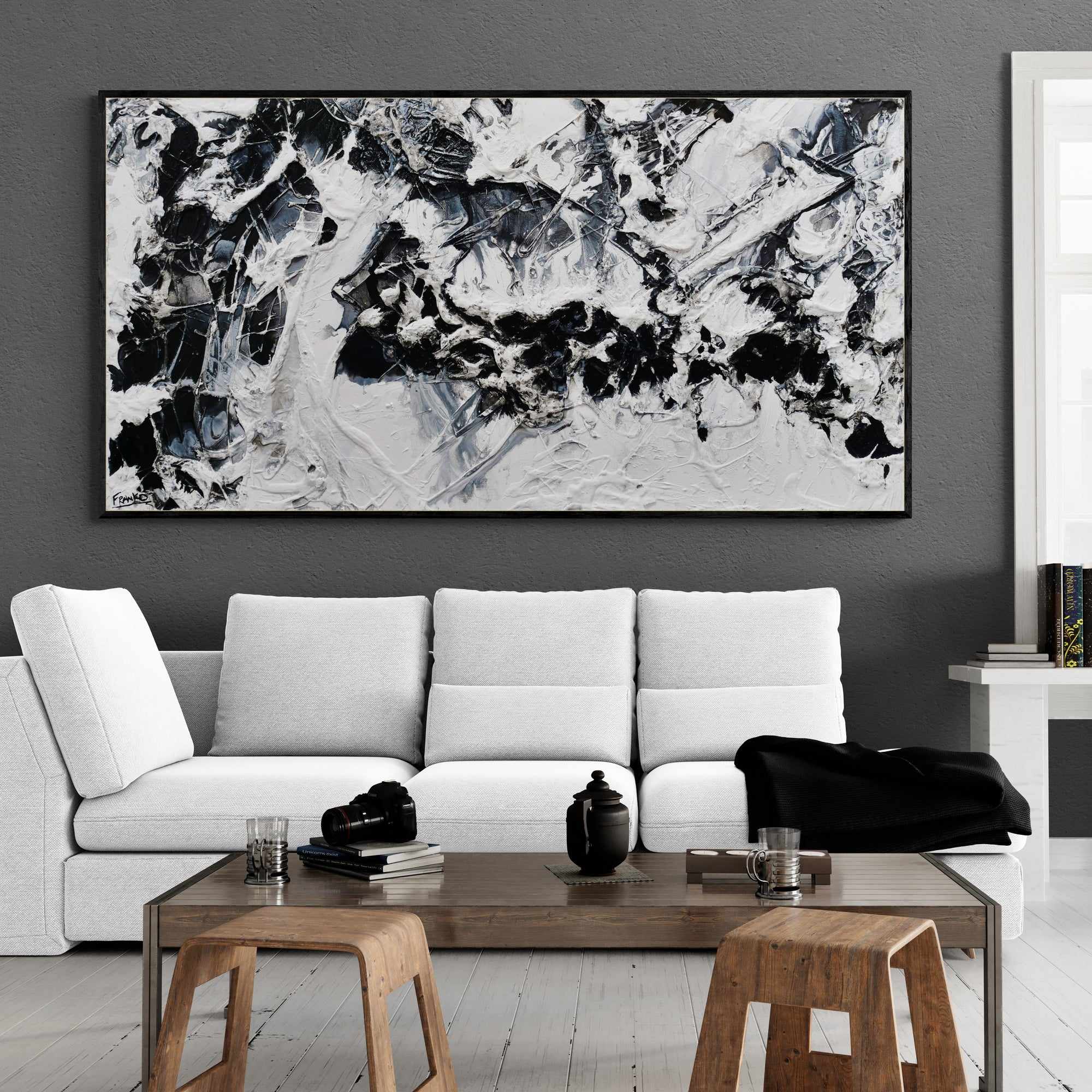 Bliss 190cm x 100cm Black White Textured Abstract Canvas Art - Modern Wall Decor for Living Room, Bedroom & Office