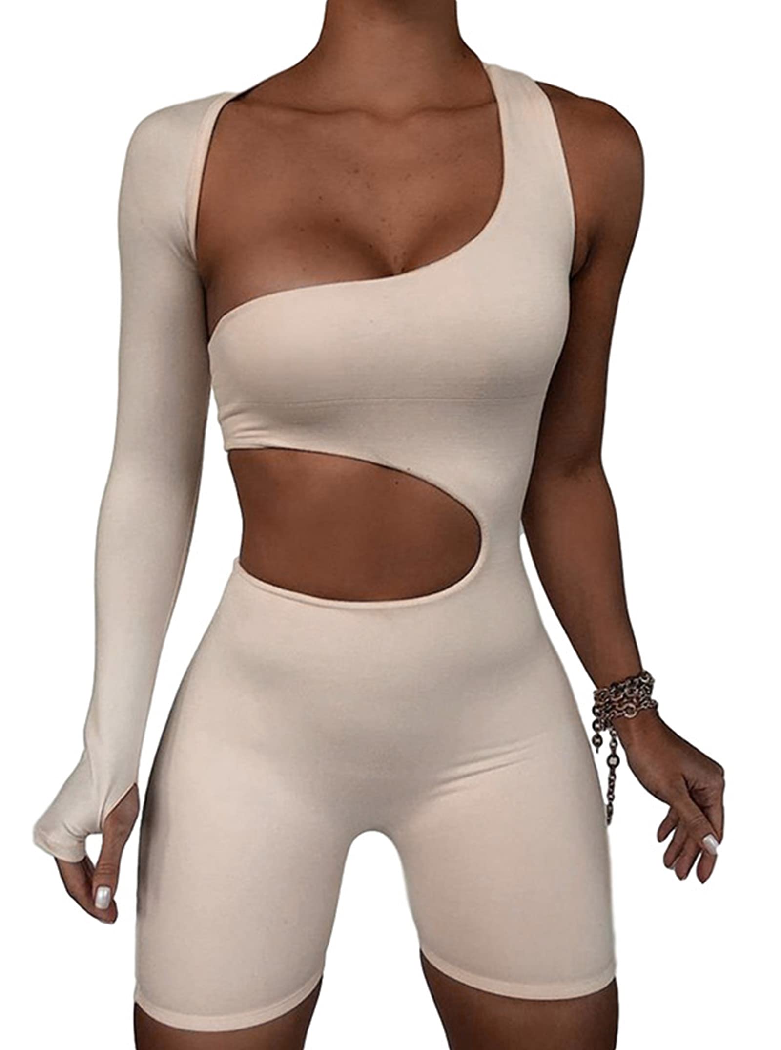 Hilinker Women's Sexy One Shoulder Cut Out Bodycon Jumpsuit - Long Pants Romper for Night Out, Party & Club Wear