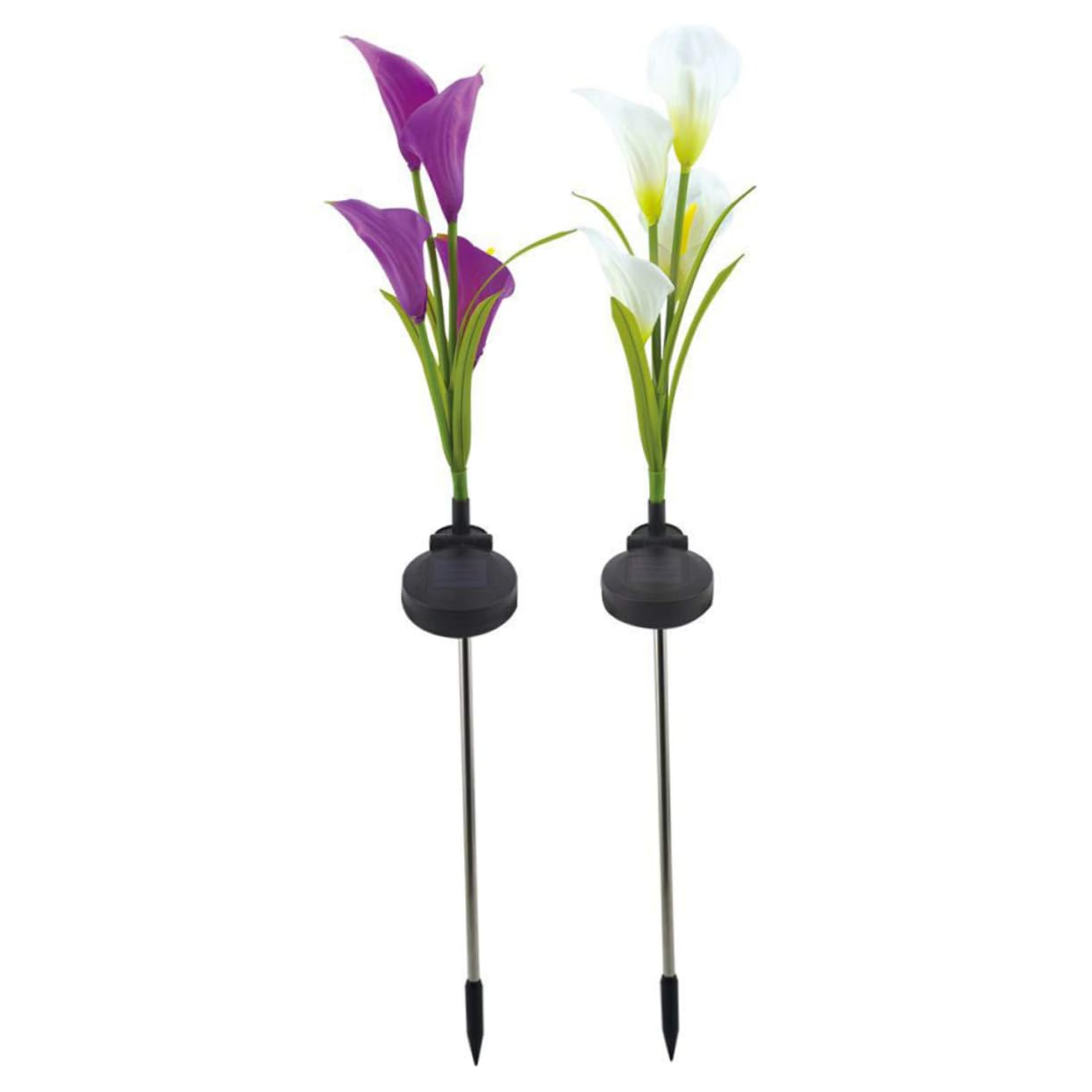 Solar Powered LED Calla Lily Outdoor Lights - 2 Pack White & Purple Landscape Lighting for Garden, Pathway, Patio Decor | Weatherproof & Energy Efficient Floral Lamps for Romantic Evening Ambience