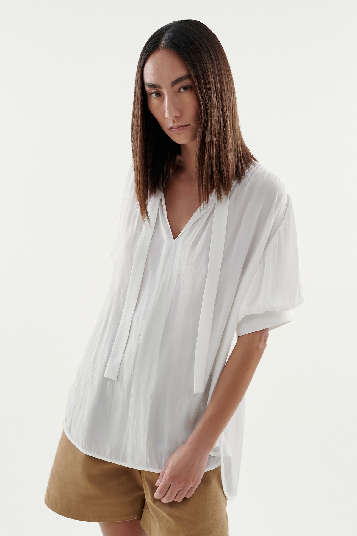 Layered Fluid Silky Puff Sleeve Tie Neck Blouse for Women - Elegant Office & Party Tops - Perfect for Work, Date Night & Special Occasions