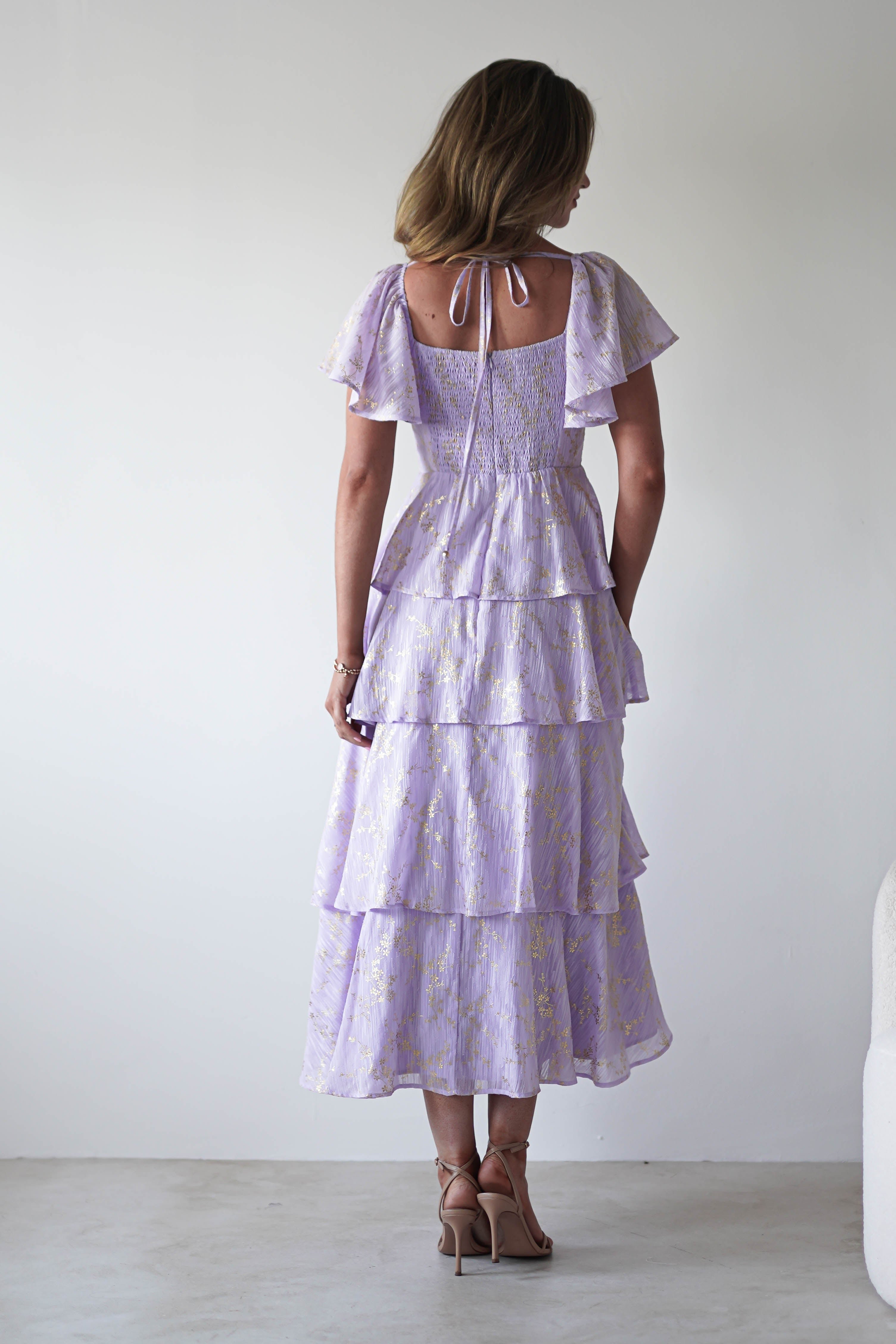 Mirielle Gold Detail Ruffle Maxi Dress - Elegant Long Flowy Dress for Women | Perfect for Weddings, Parties & Special Occasions | Lilac Purple Evening Gown
