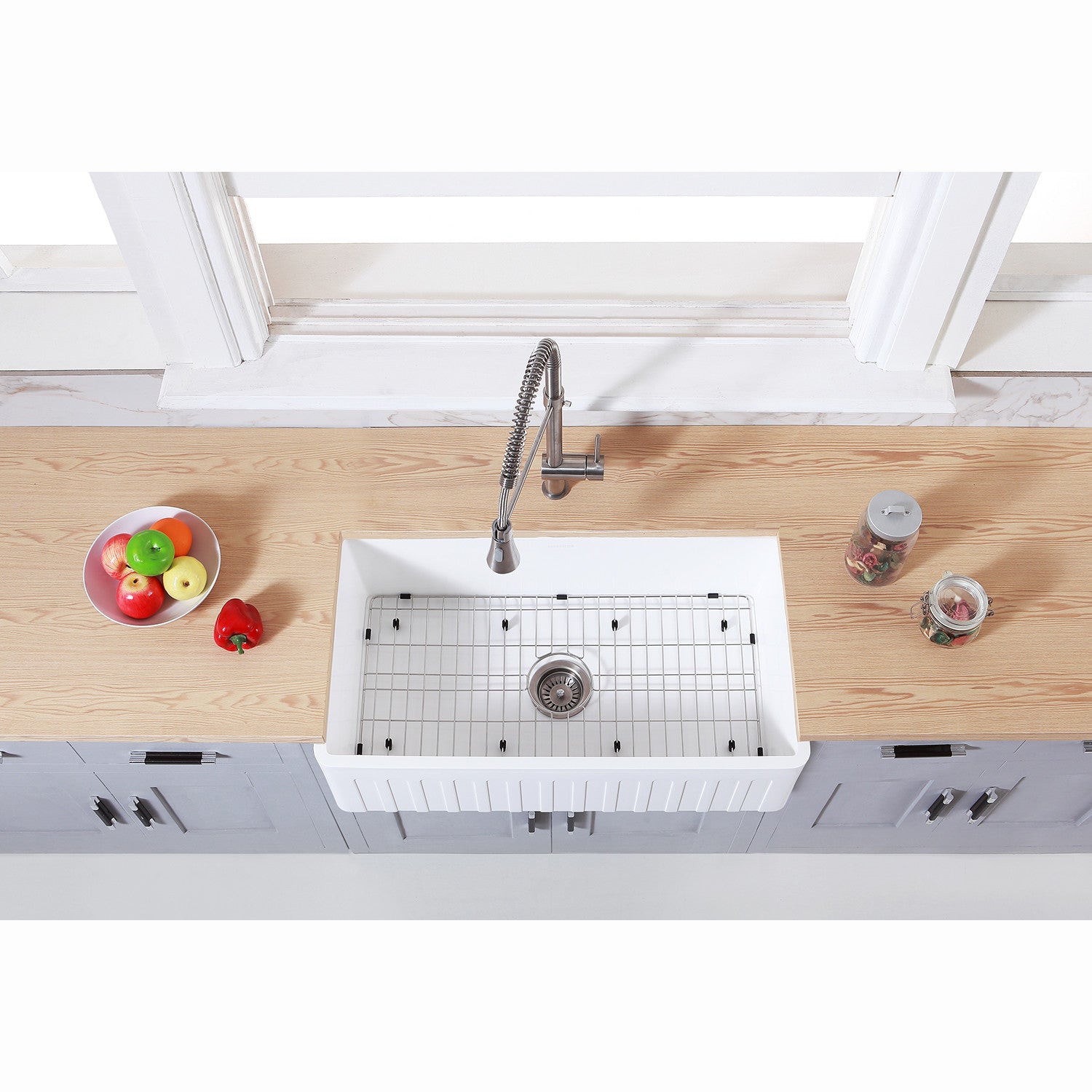 Arcticstone 36 Inch White Farmhouse Kitchen Sink - Matte White/Brushed Solid Surface Single Bowl Apron Front Sink with Strainer & Grid | Perfect for Modern Farmhouse, Rustic & Country Style Kitchens