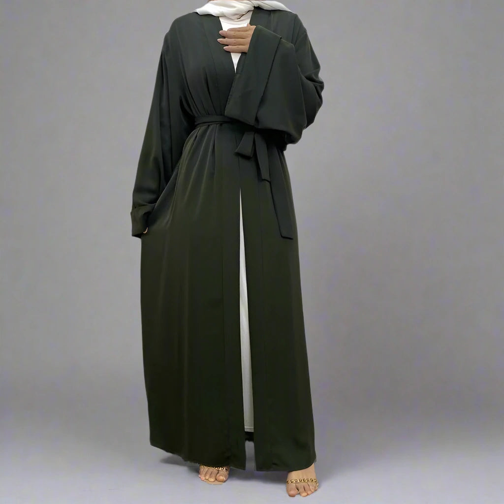Stylish Muslim Women's Open Abaya Dress with Pockets - Modest Broken Twil Fabric Prayer Dress for Home, Mosque & Special Occasions