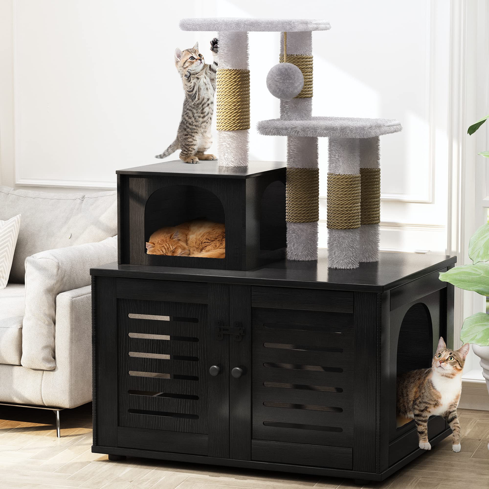 Recaceik Wooden Cat Litter Box Enclosure with Cat Tree - Hidden Washroom Furniture with Divider, Scratching Post & Plush Perch - Indoor Pet Cabinet for Small Spaces (Black) | Perfect for Apartments & Multi-Cat Homes