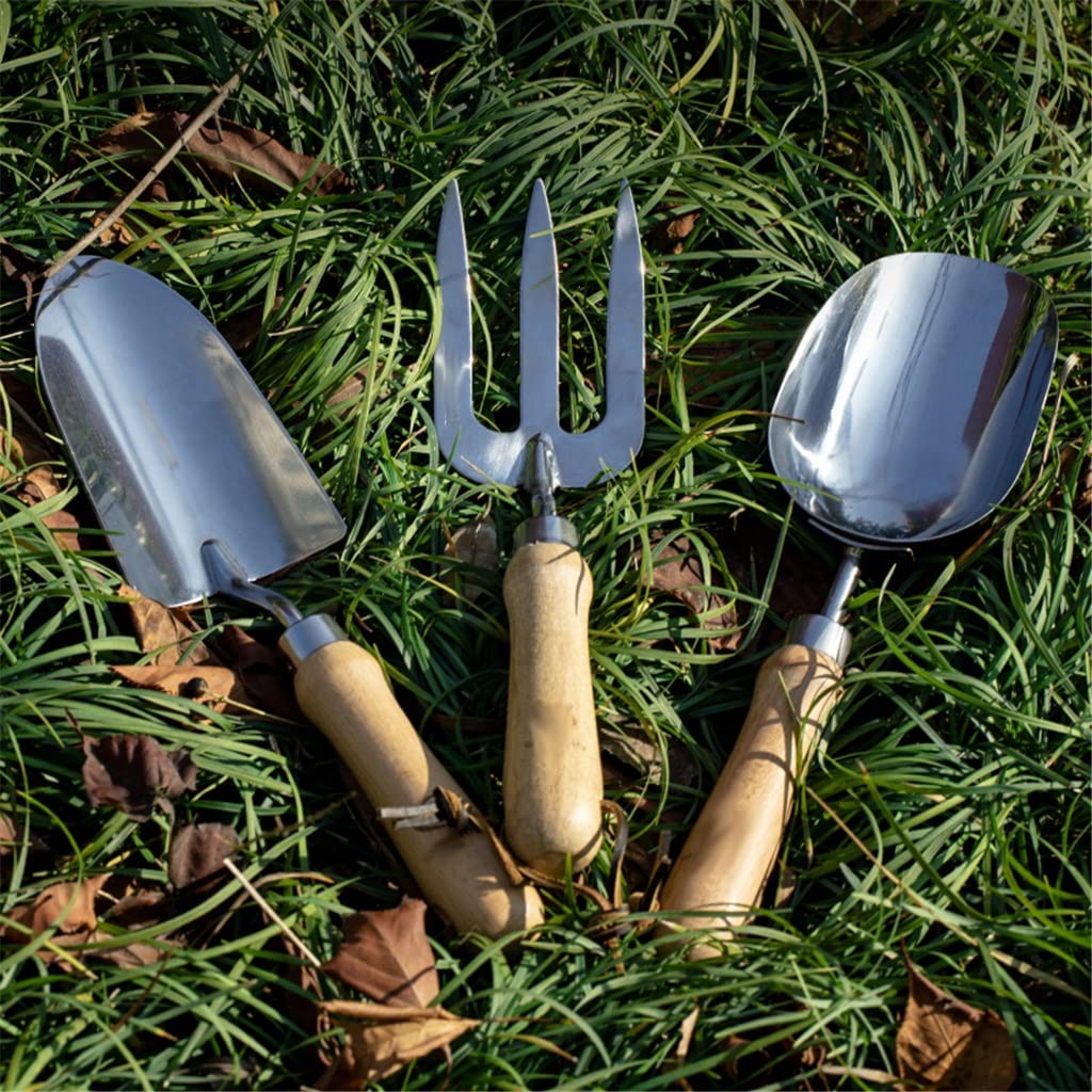 3-Piece Stainless Steel Gardening Tool Set with Wood Handle - Hand Shovel, Transplant Shovel for Planting, Weeding, and Soil Cultivation | Perfect for Home Garden, Backyard, and Indoor Plant Care