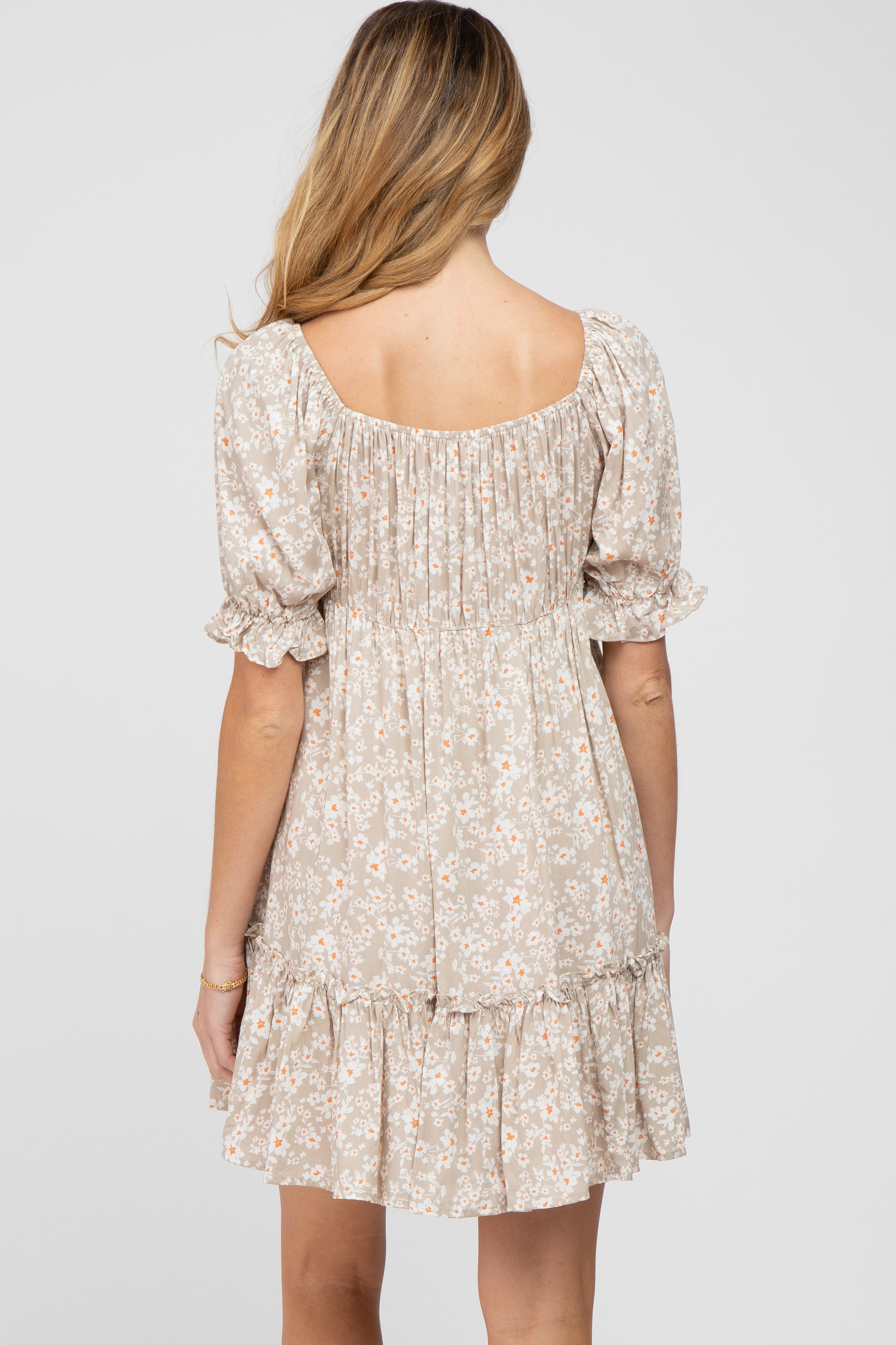 Beige Floral Ruffle Accent Maternity Mini Dress - Women's Pregnancy Summer Dress for Baby Shower, Beach Vacation & Photoshoot