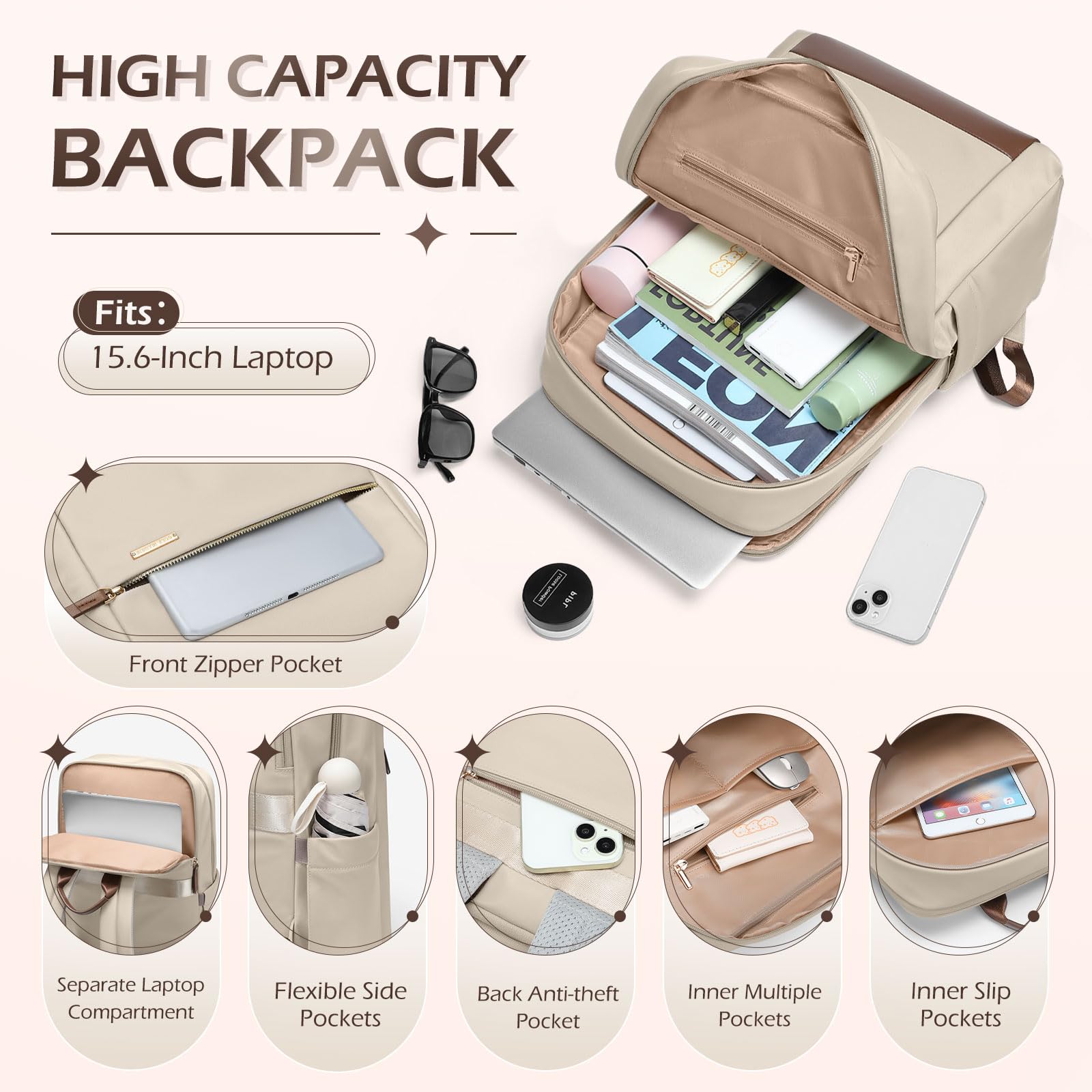 Anti-Theft Laptop Backpack for Women & Men - Waterproof 15.6