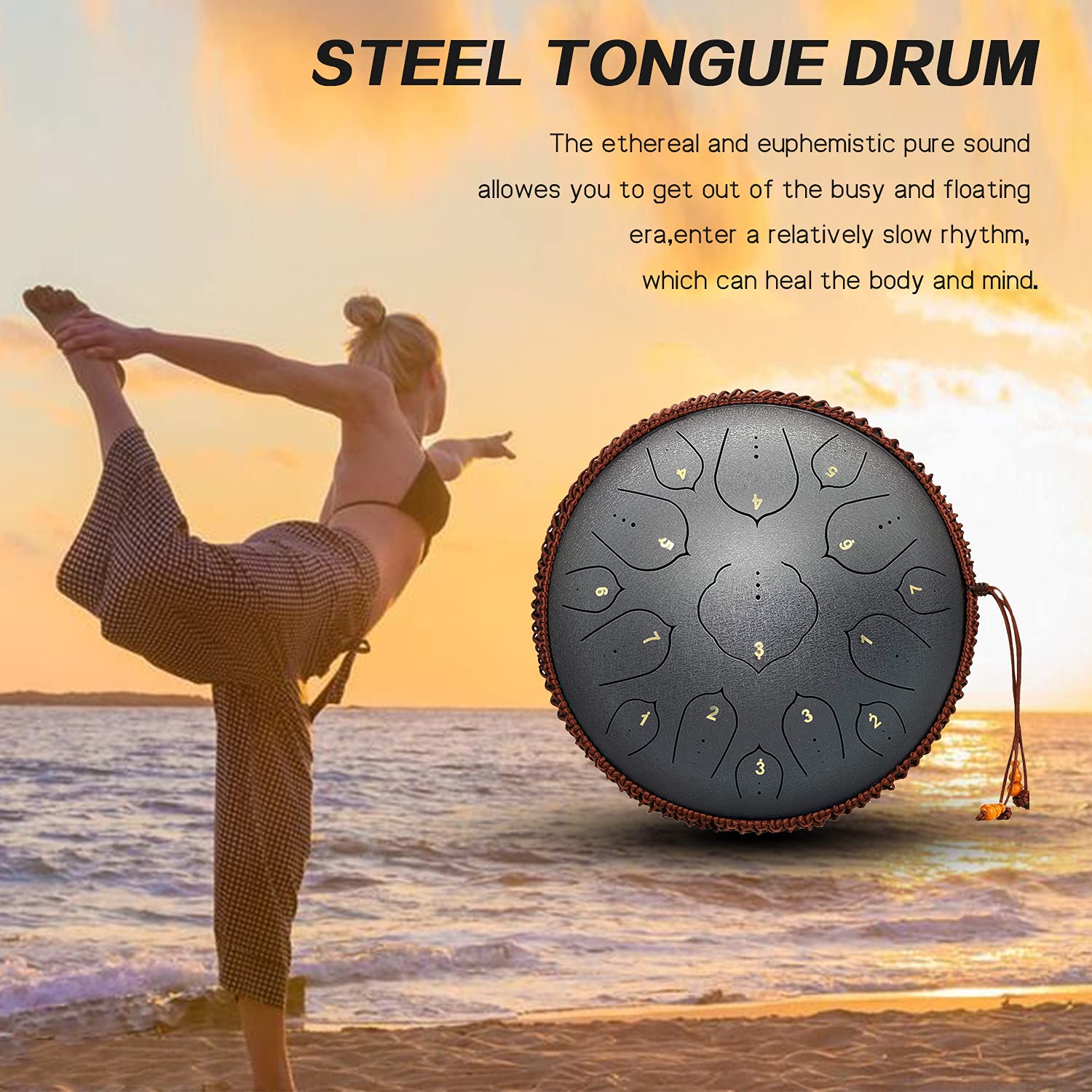 15-Note 14-Inch Steel Tongue Drum Handpan Instrument in D Major - Includes Music Book, Mallets & Carry Bag - Perfect for Meditation, Music Therapy, and Relaxation