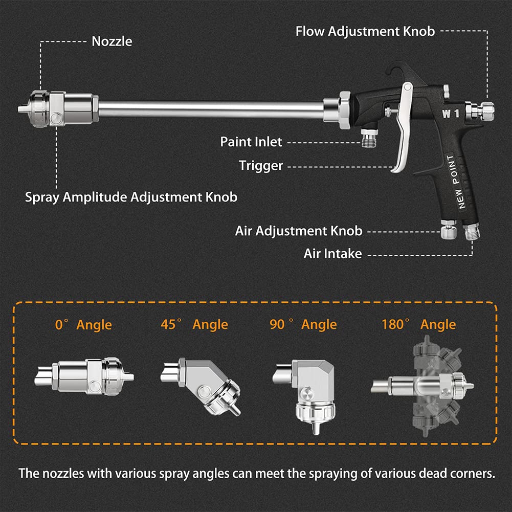 30cm Extension Long Pole Spray Angle Air Spray Gun - High Efficiency Pressure Feed Paint Gun for House & Automotive Painting (2.5mm Nozzle, 90° Spray Angle) | Perfect for Wall Painting, Car Refinishing & DIY Projects