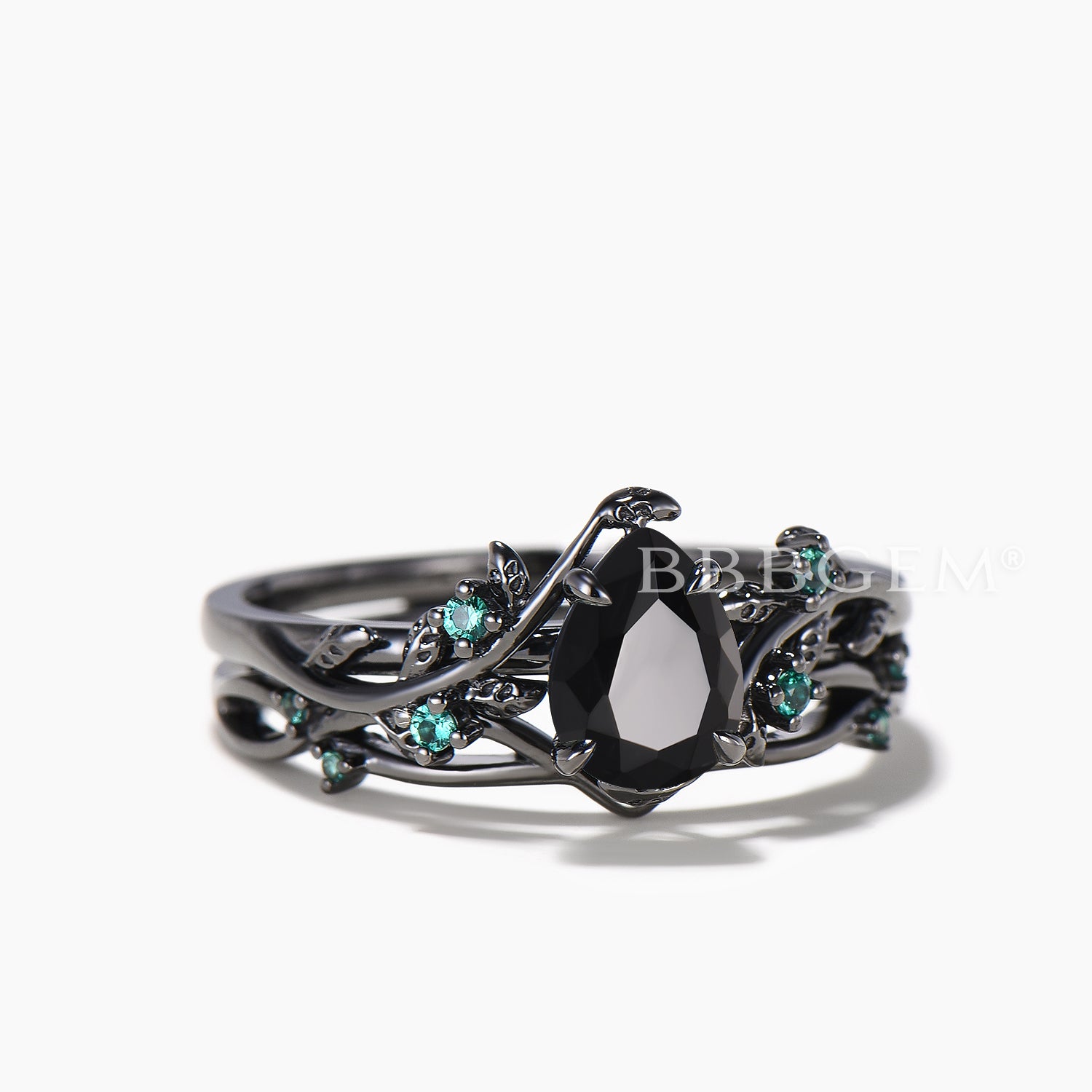 Natural Black Onyx Pear Cut Leaf Design Black Gold Ring - Emerald Inspired Bridal Jewelry Set for Wedding, Engagement & Nature-Themed Occasions