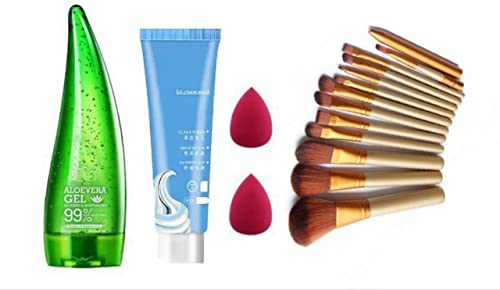 12Pcs Women's & Girls' Brown Makeup Brush Set with Aloe Vera Gel, Salicylic Acid Ice Mask & 2 Pink Beauty Blenders - 16 Piece Cosmetic Kit for Makeup Application, Skincare & Beauty Routine