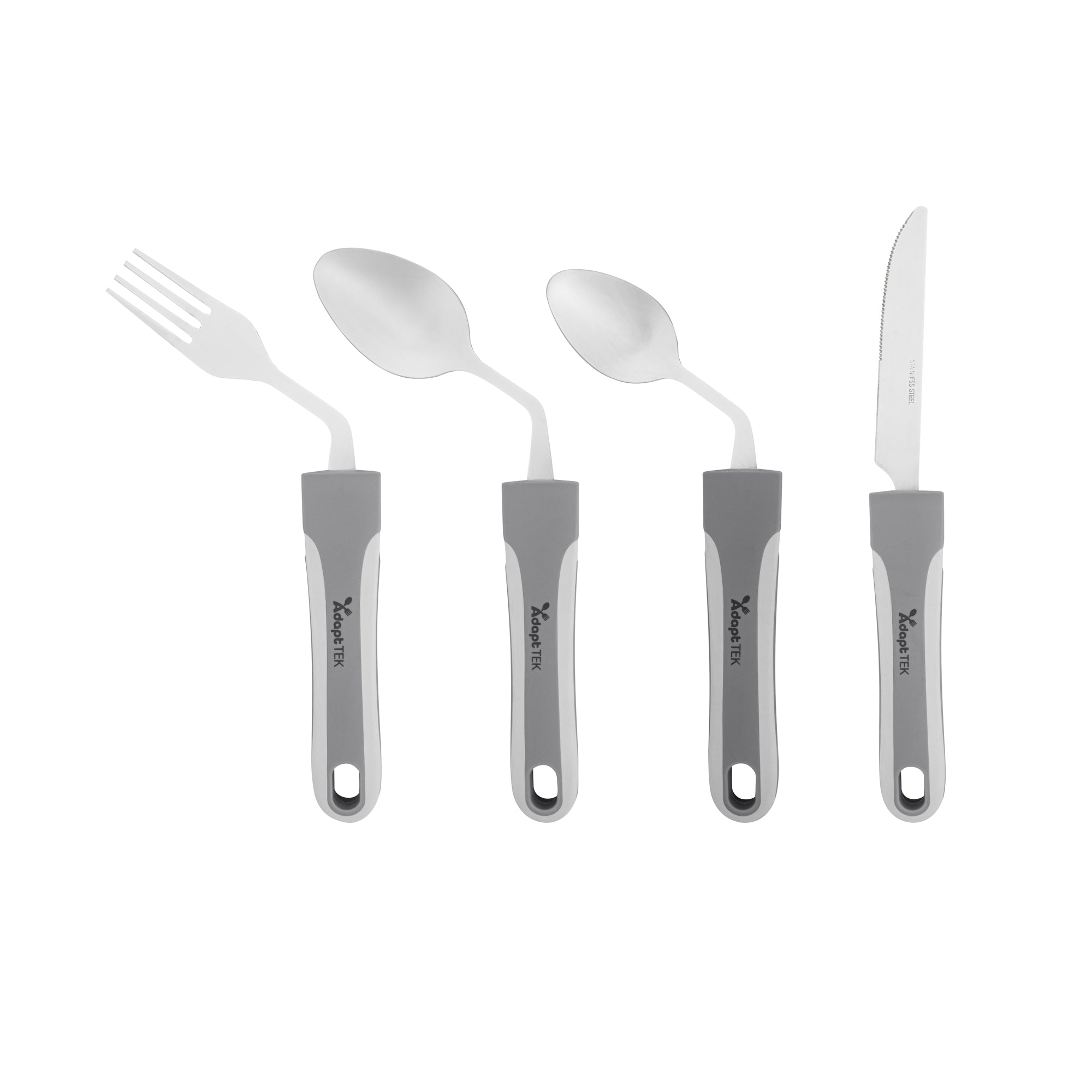 Adapt Tek Gray Stainless Steel 4-Piece Adaptive Offset Utensil Set for Right-Handed Users - Lightweight, Non-Slip Grip - Perfect for Arthritis & Limited Mobility (1 Count Box) - Ideal for Cooking, Baking & Everyday Kitchen Tasks