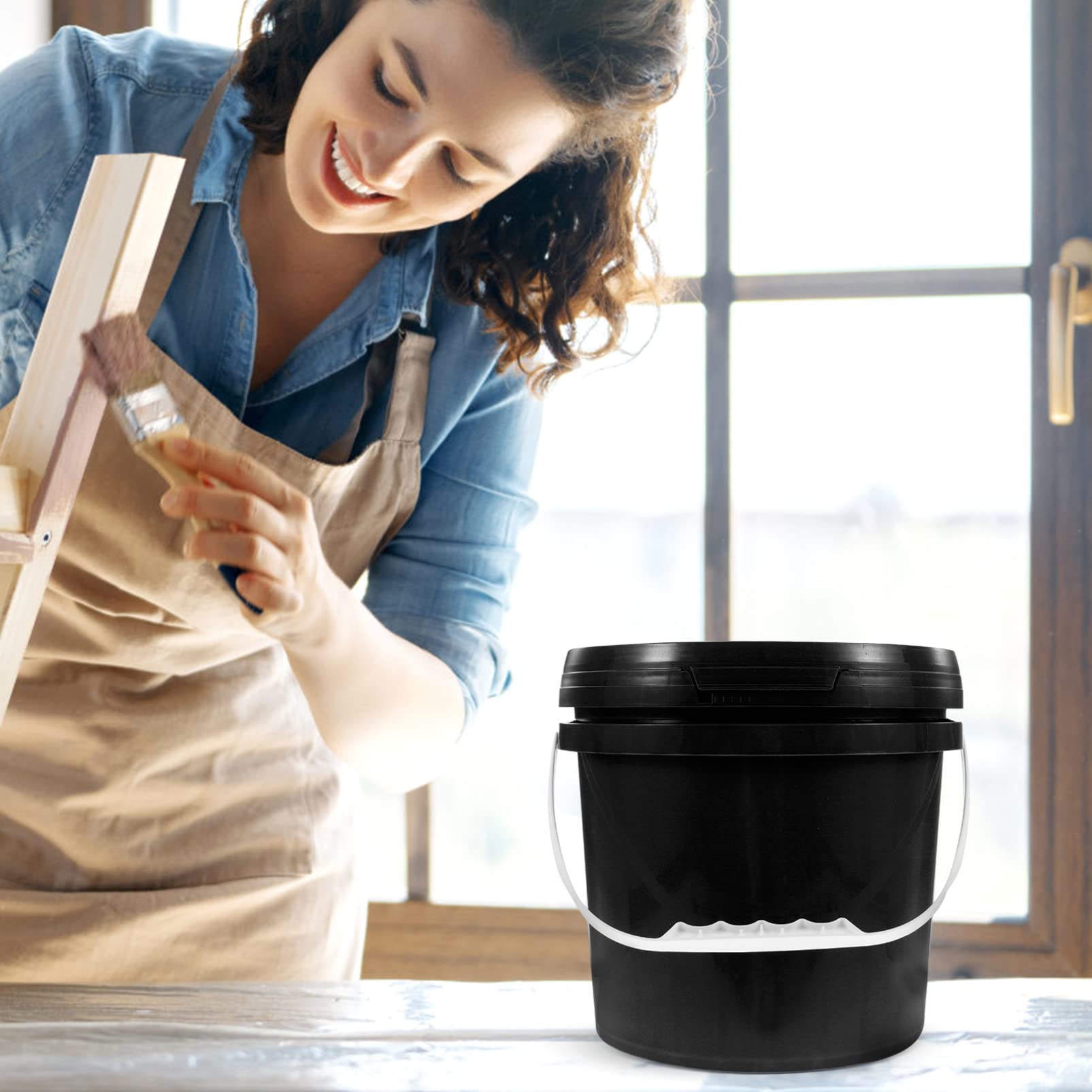 5L Black Plastic Paint Pail with Lid & Handle - Empty Paint Storage Bucket for Arts, Crafts, DIY Projects & Party Favors | Perfect for Home Painting, Workshop Storage & Creative Activities